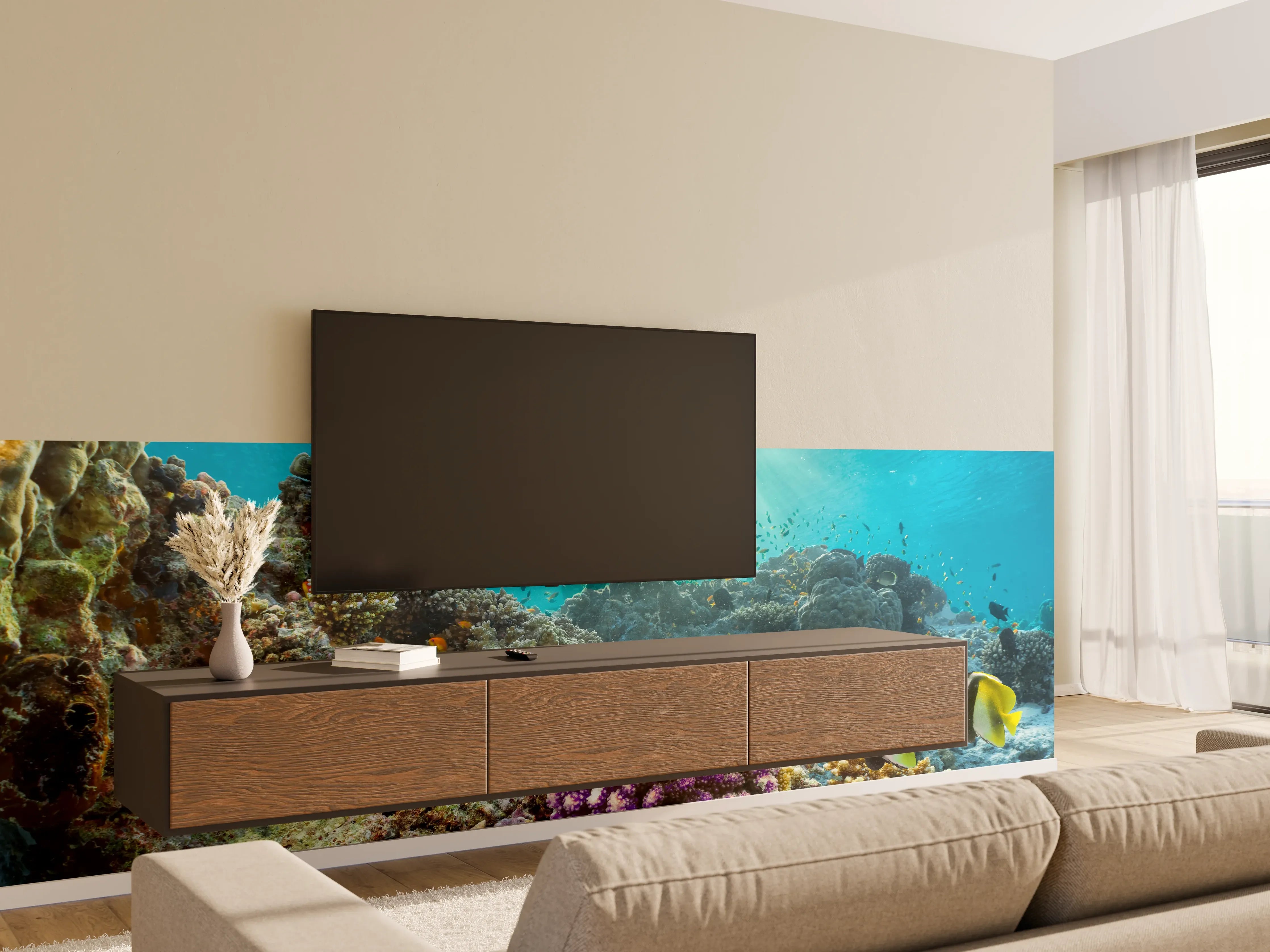 Wandverkleidung Wohnzimmer - Bunte Unterwasserwelt mit Korallen und Fischen