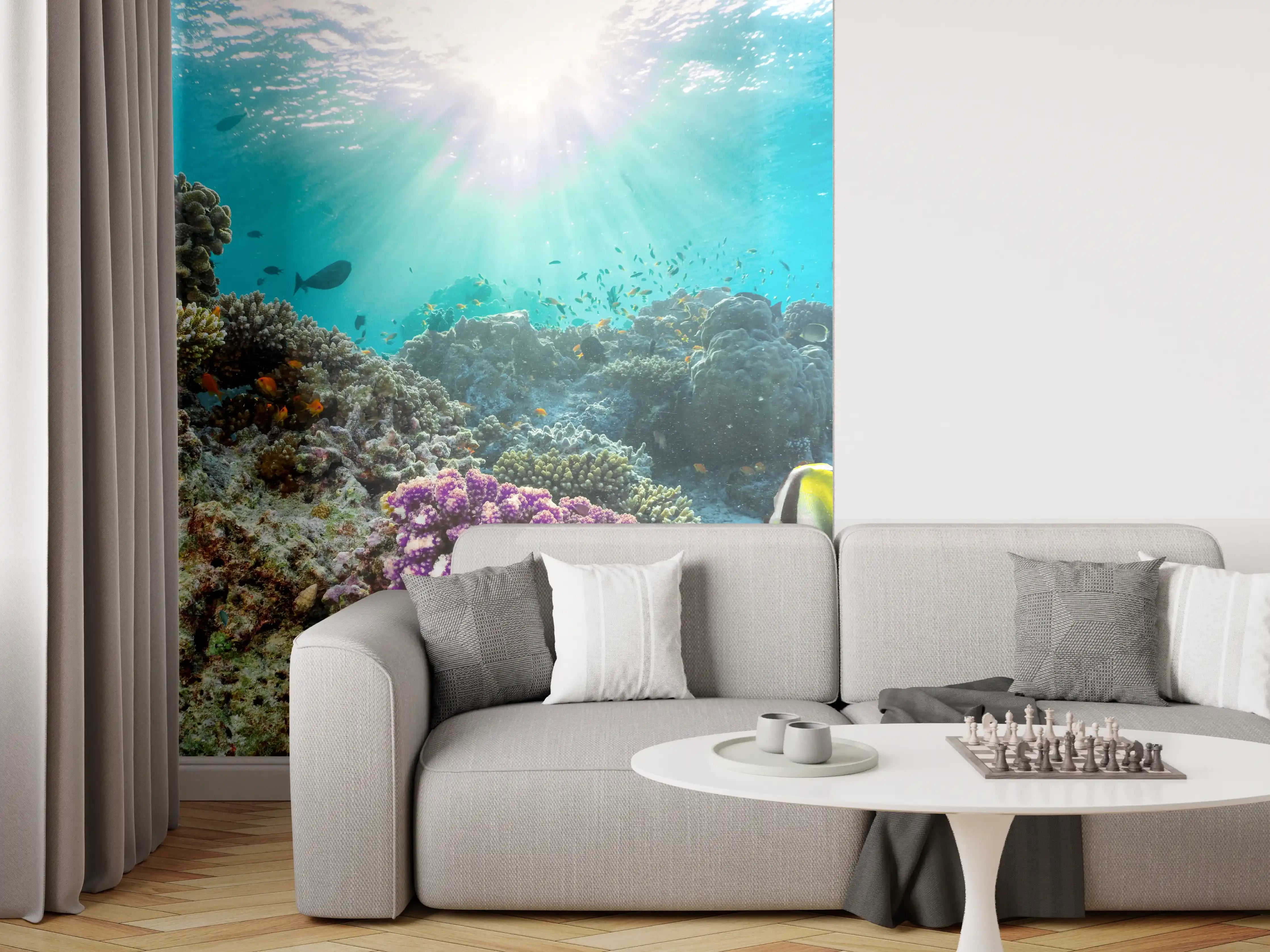 Wandverkleidung Wohnzimmer - Bunte Unterwasserwelt mit Korallen und Fischen