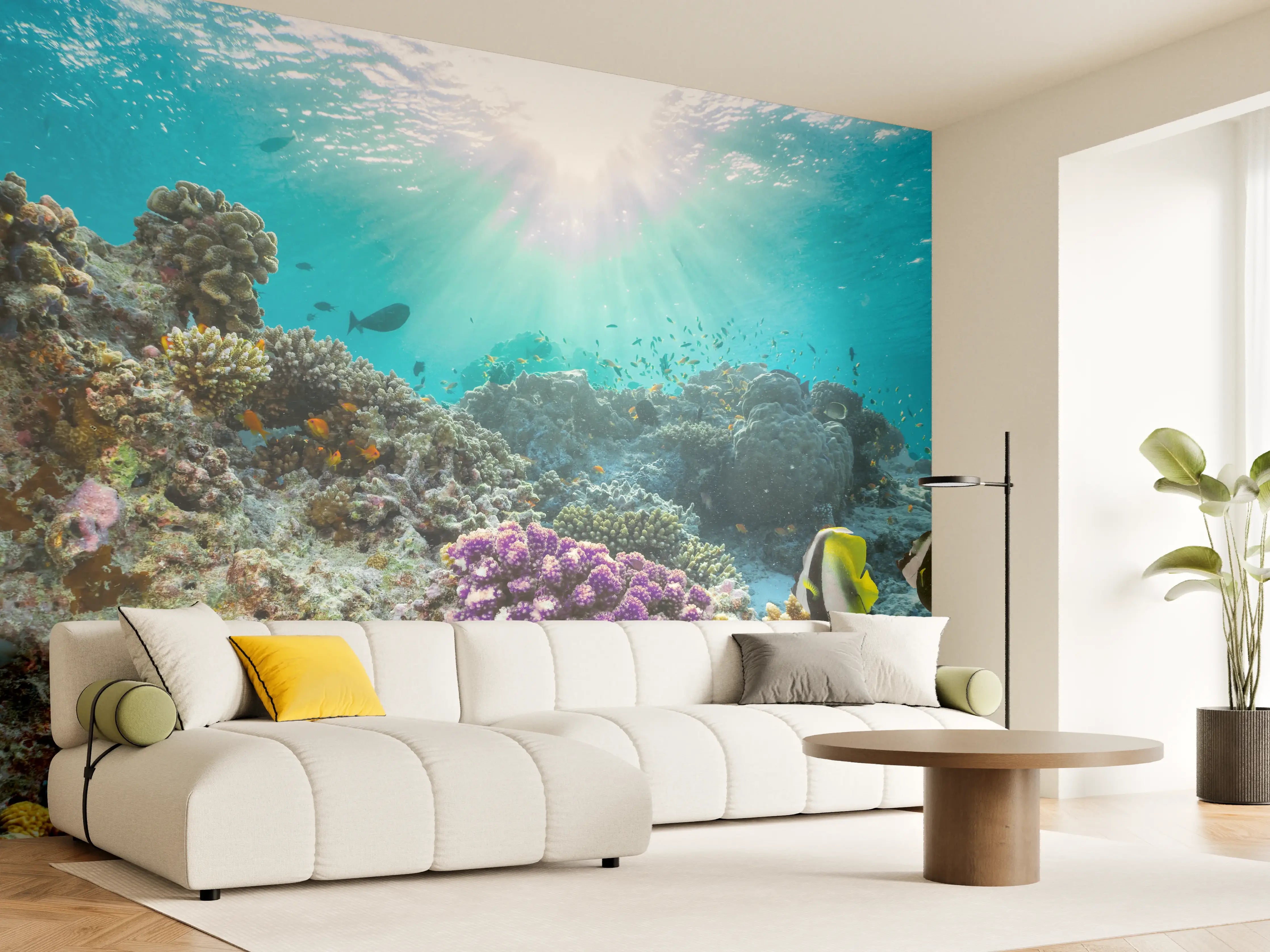 Wandverkleidung Wohnzimmer - Bunte Unterwasserwelt mit Korallen und Fischen