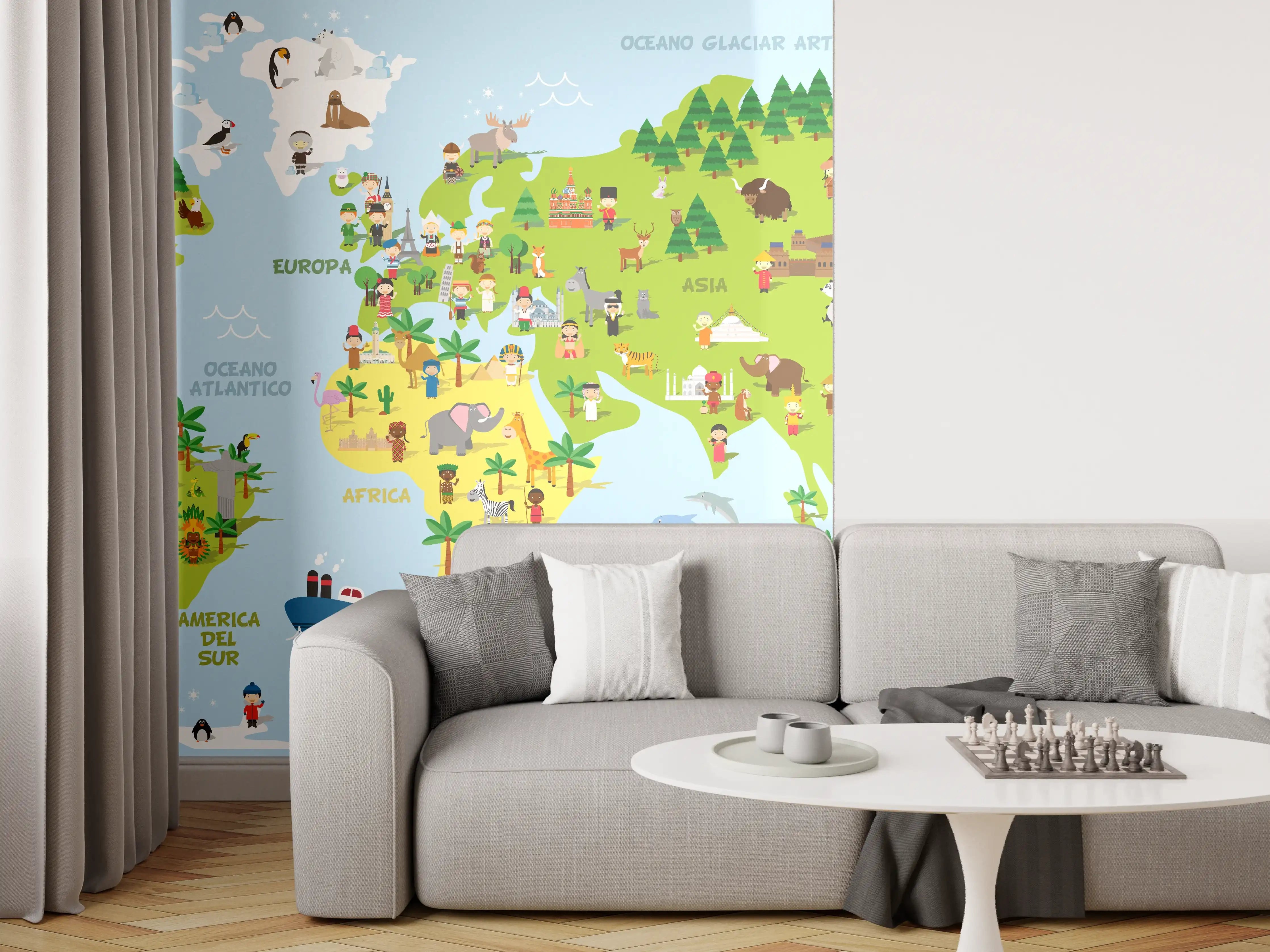 Wandverkleidung Wohnzimmer - Bunte Weltkarte Illustration