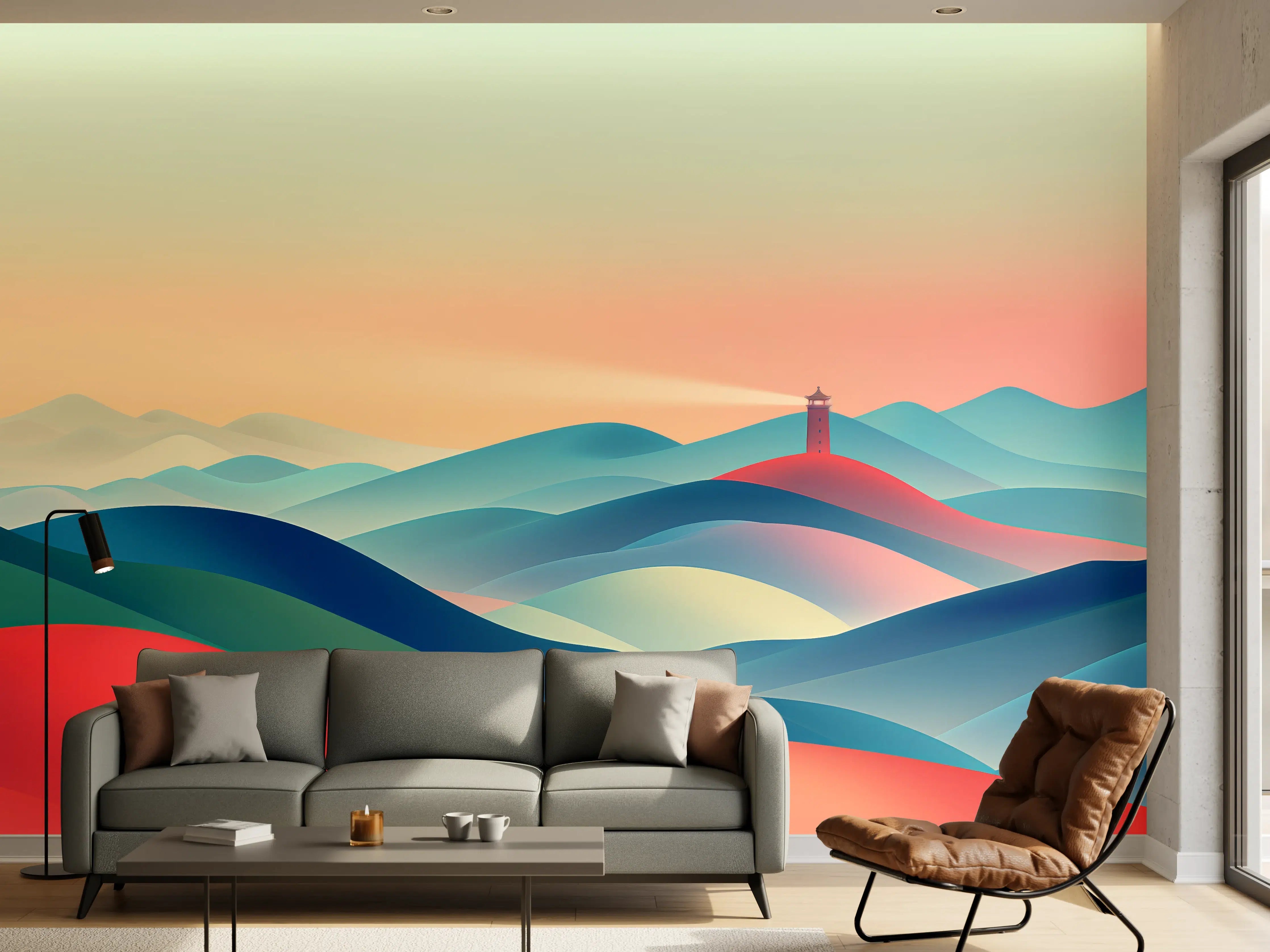 Wandverkleidung Wohnzimmer - Bunte abstrakte Landschaft mit Leuchtturm