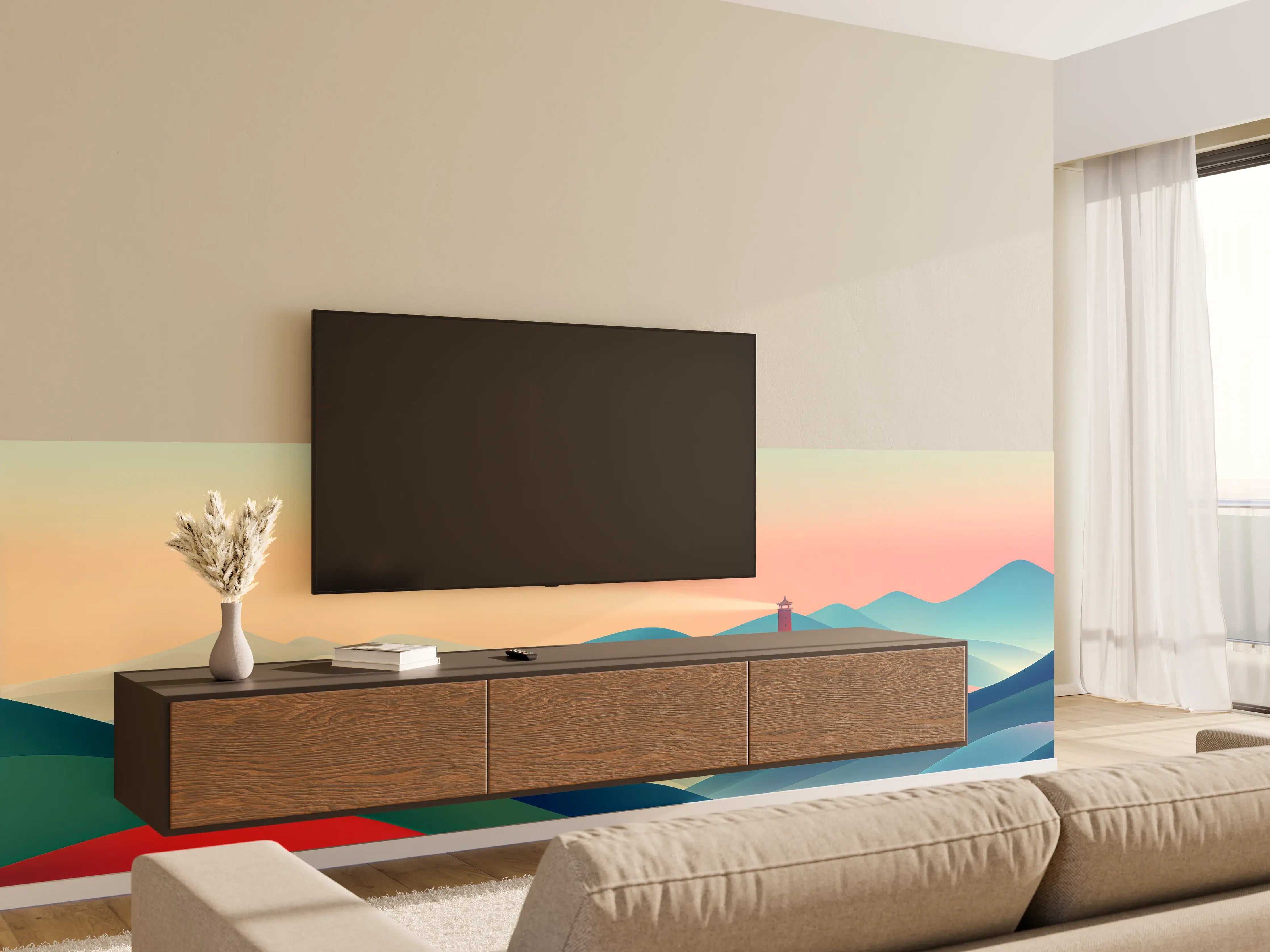 Wandverkleidung Wohnzimmer - Bunte abstrakte Landschaft mit Leuchtturm