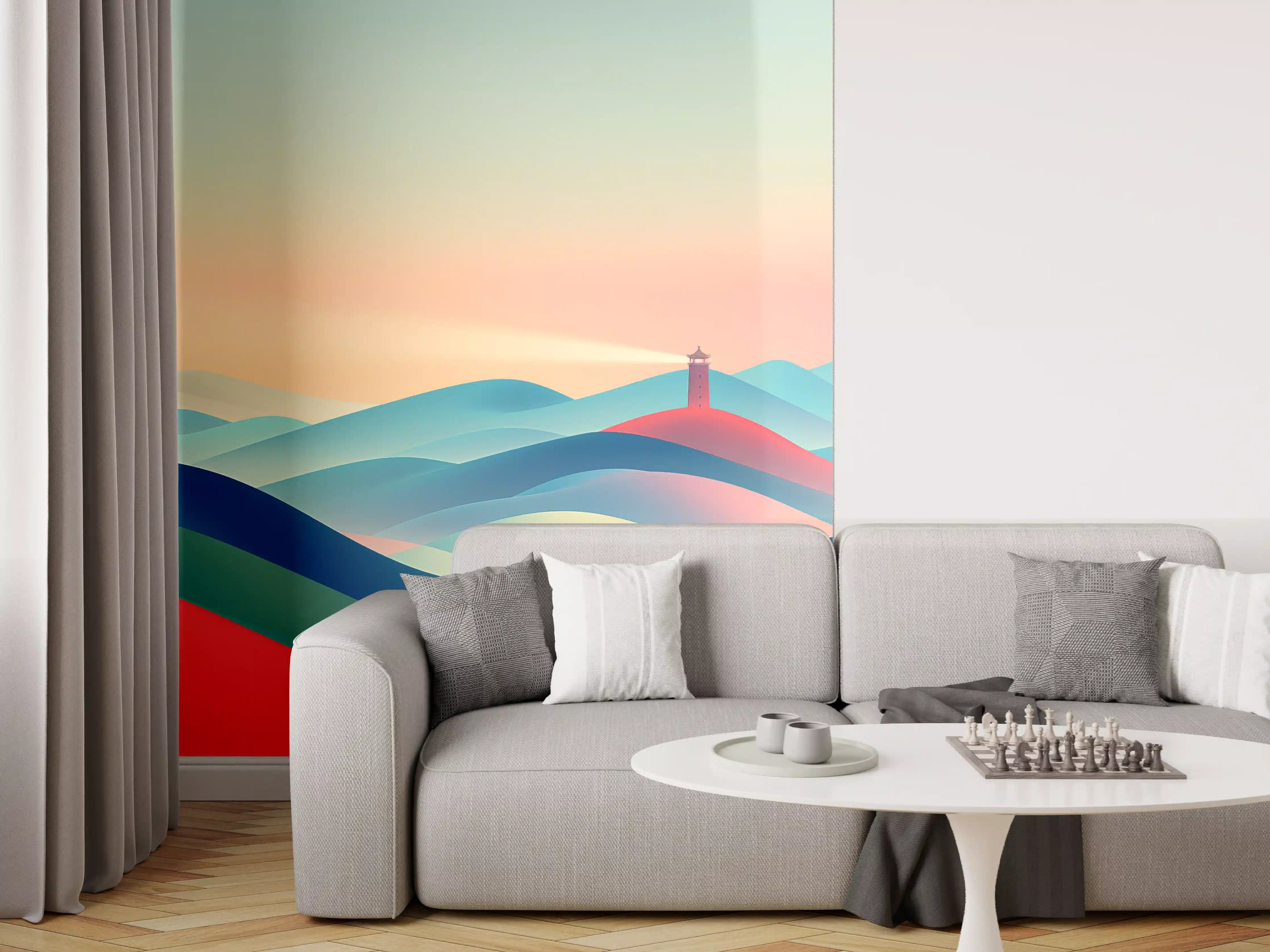 Wandverkleidung Wohnzimmer - Bunte abstrakte Landschaft mit Leuchtturm