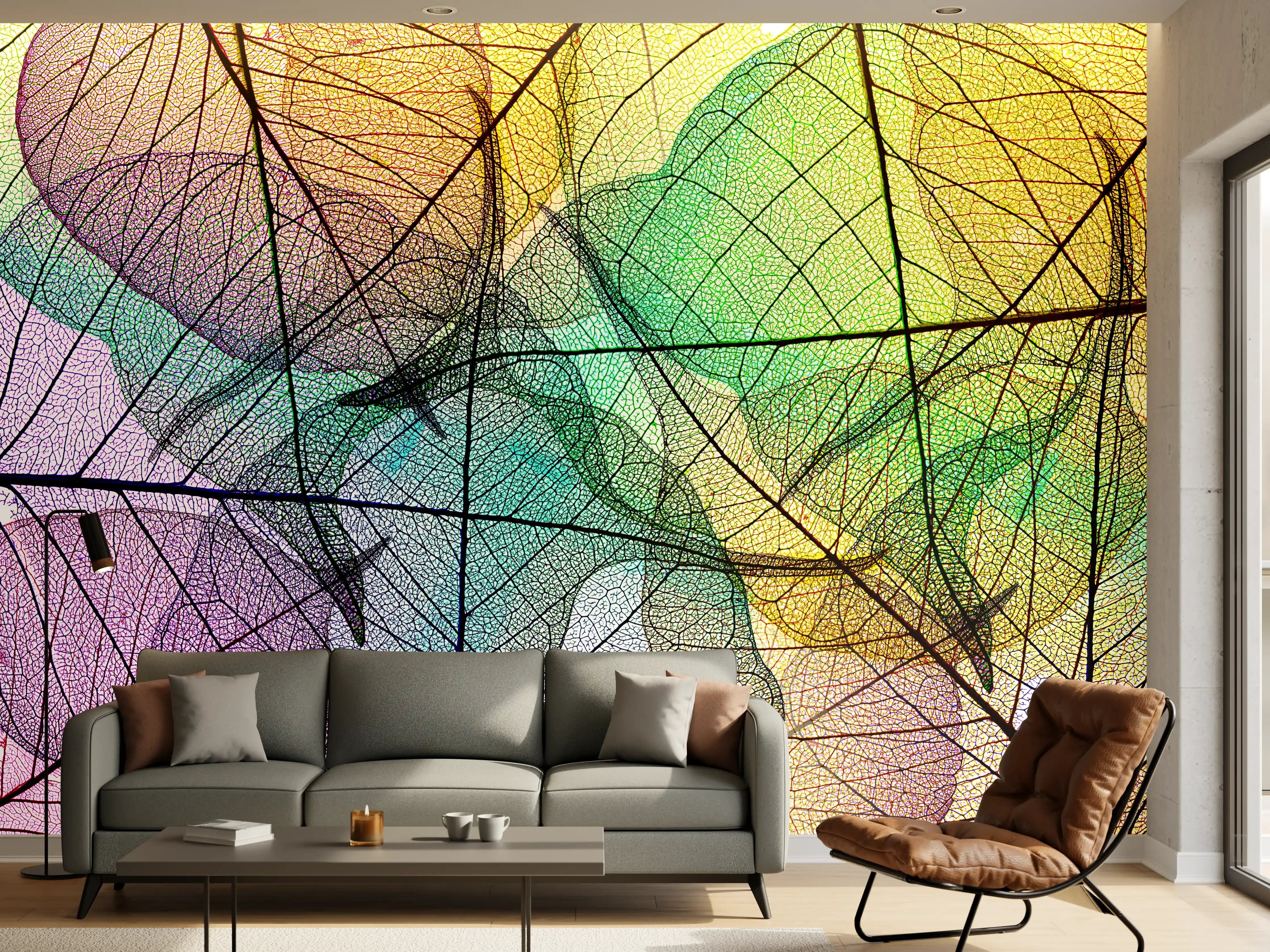 Wandverkleidung Wohnzimmer - Bunte, transparente Blätter im Farbenspiel
