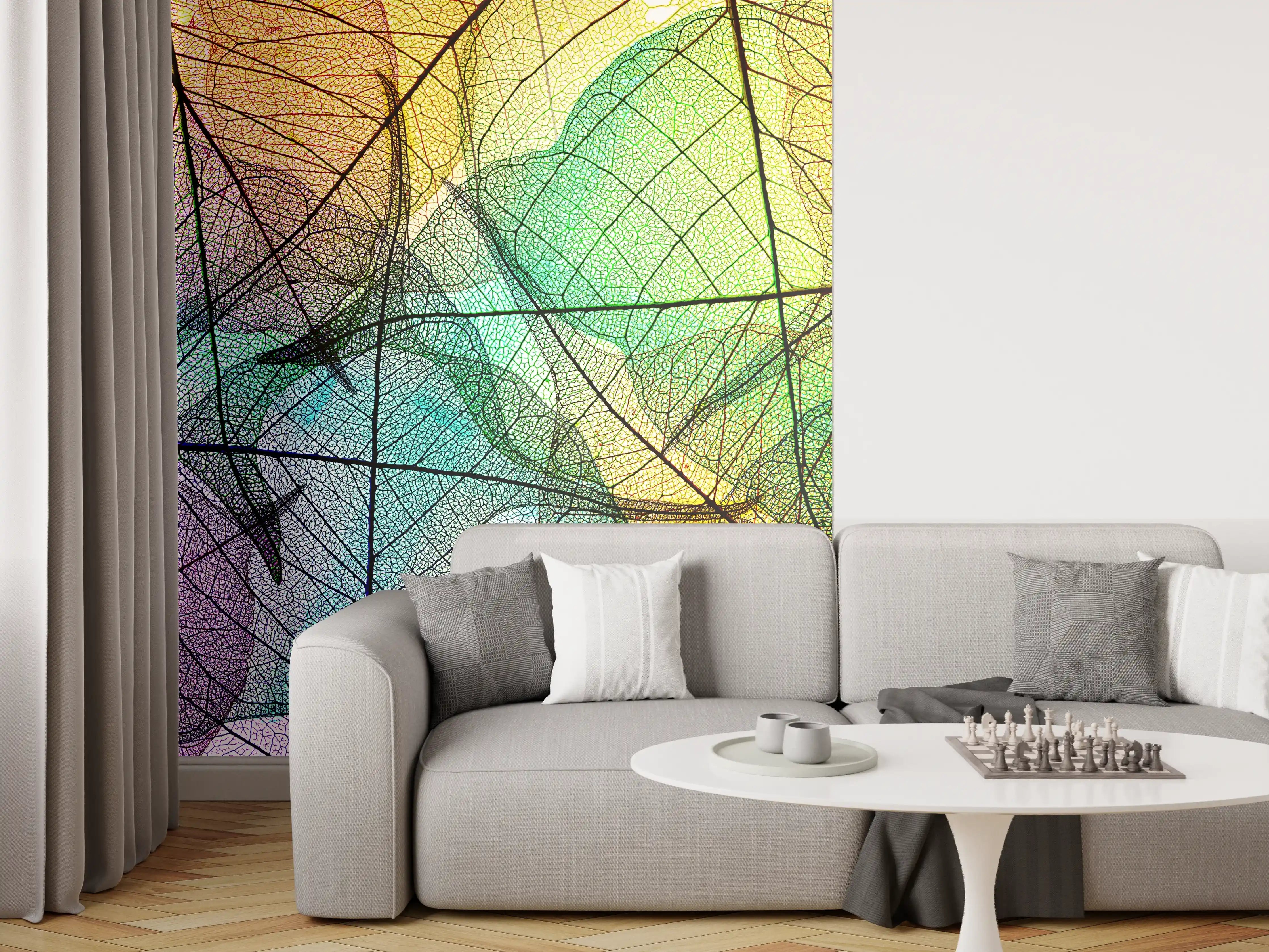Wandverkleidung Wohnzimmer - Bunte, transparente Blätter im Farbenspiel