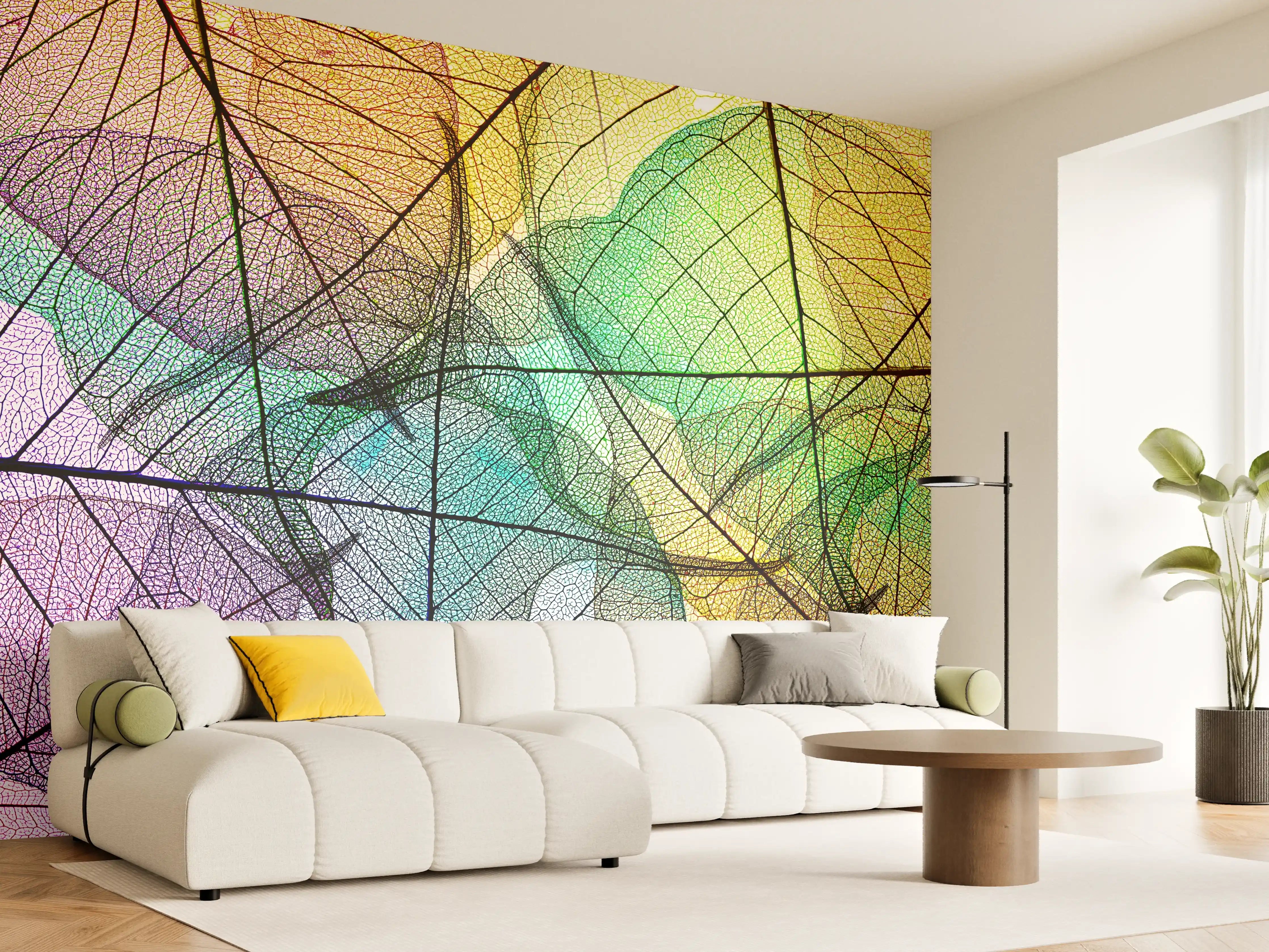 Wandverkleidung Wohnzimmer - Bunte, transparente Blätter im Farbenspiel