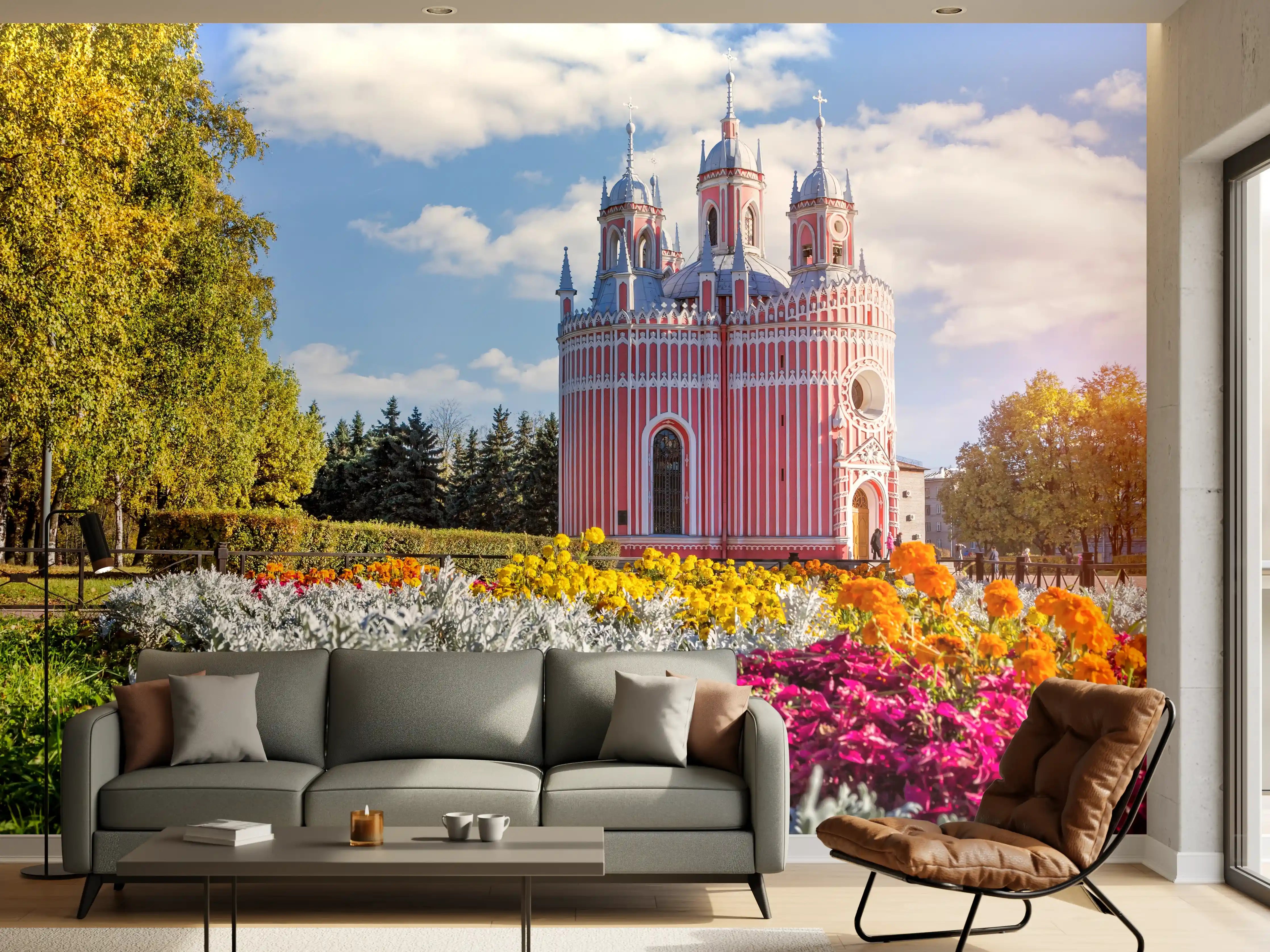 Wandverkleidung Wohnzimmer - Bunten Blumen vor märchenhaftem Schloss im Sonnenlicht