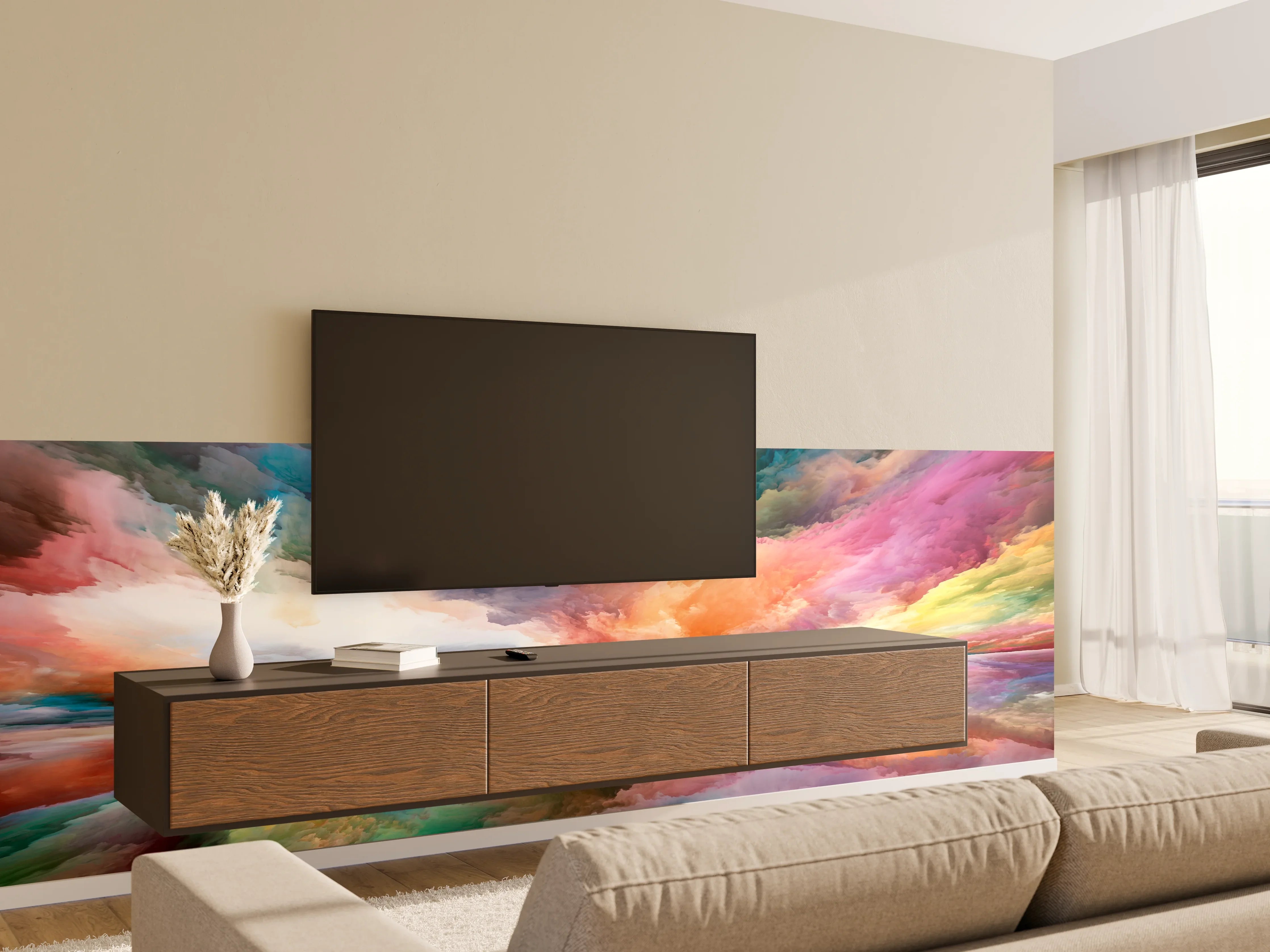 Wandverkleidung Wohnzimmer - Bunten Himmel mit Spiegelung am Wasser