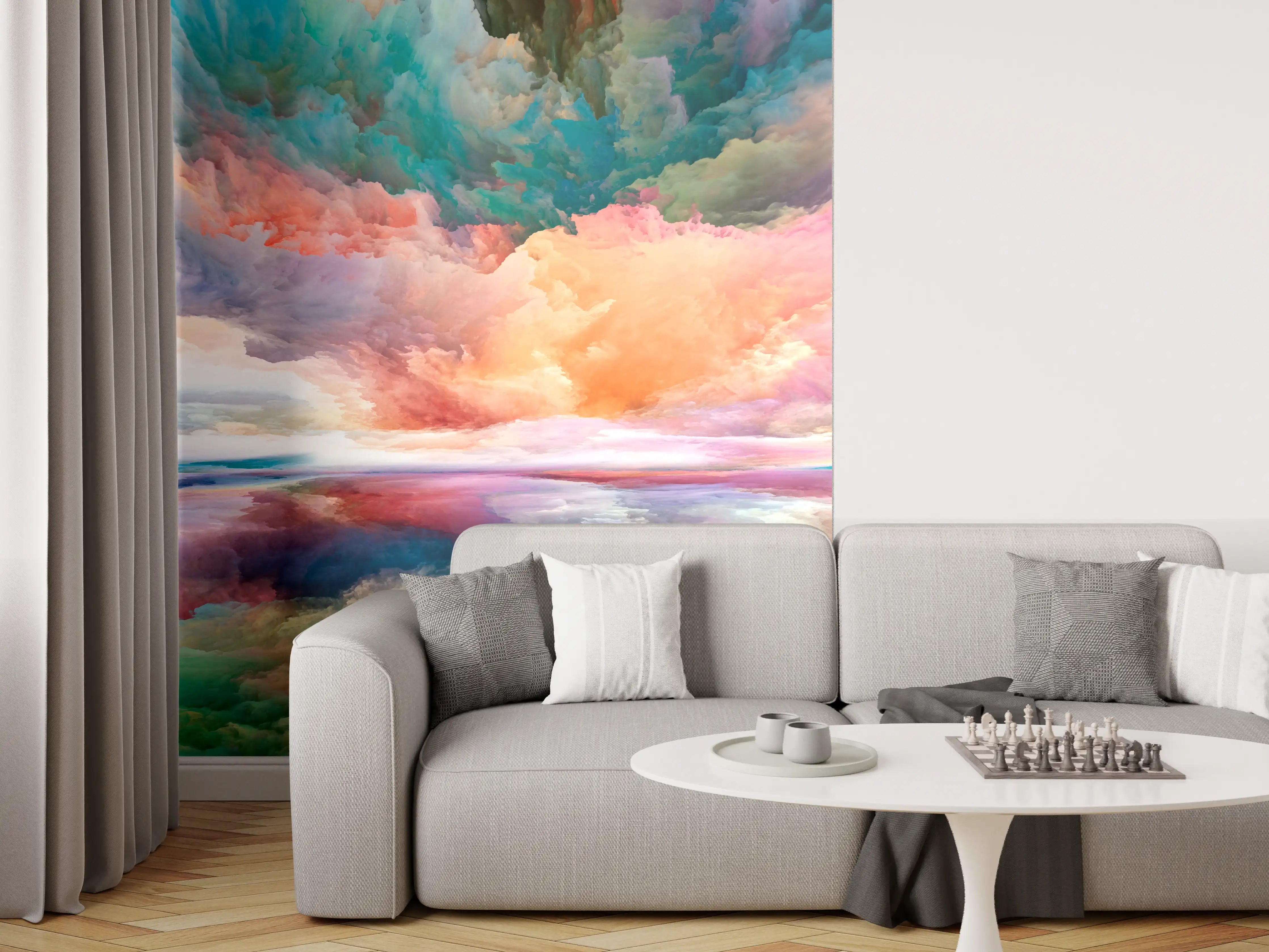 Wandverkleidung Wohnzimmer - Bunten Himmel mit Spiegelung am Wasser
