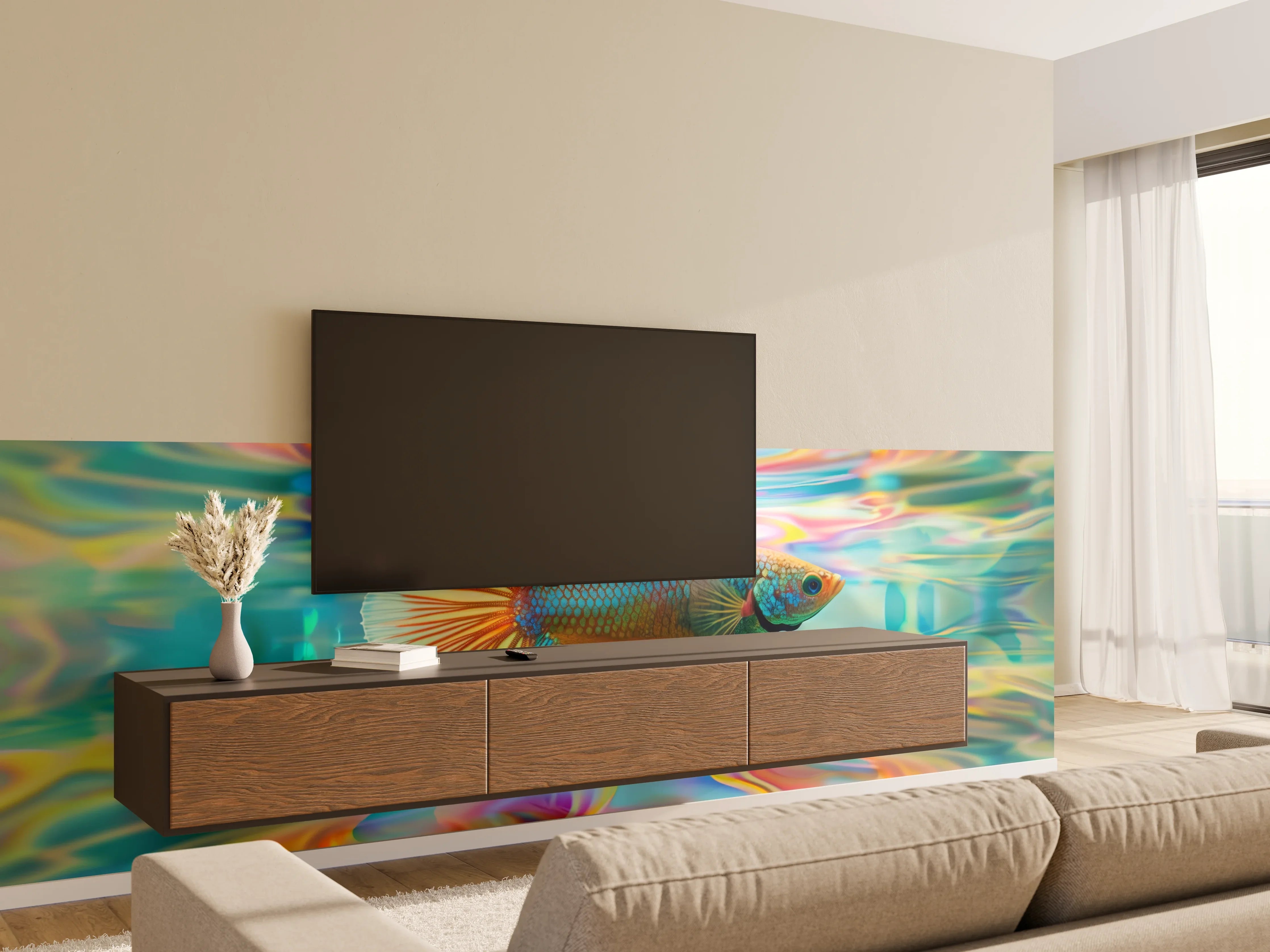 Wandverkleidung Wohnzimmer - Bunter Betta-Fisch Türkis-Orange
