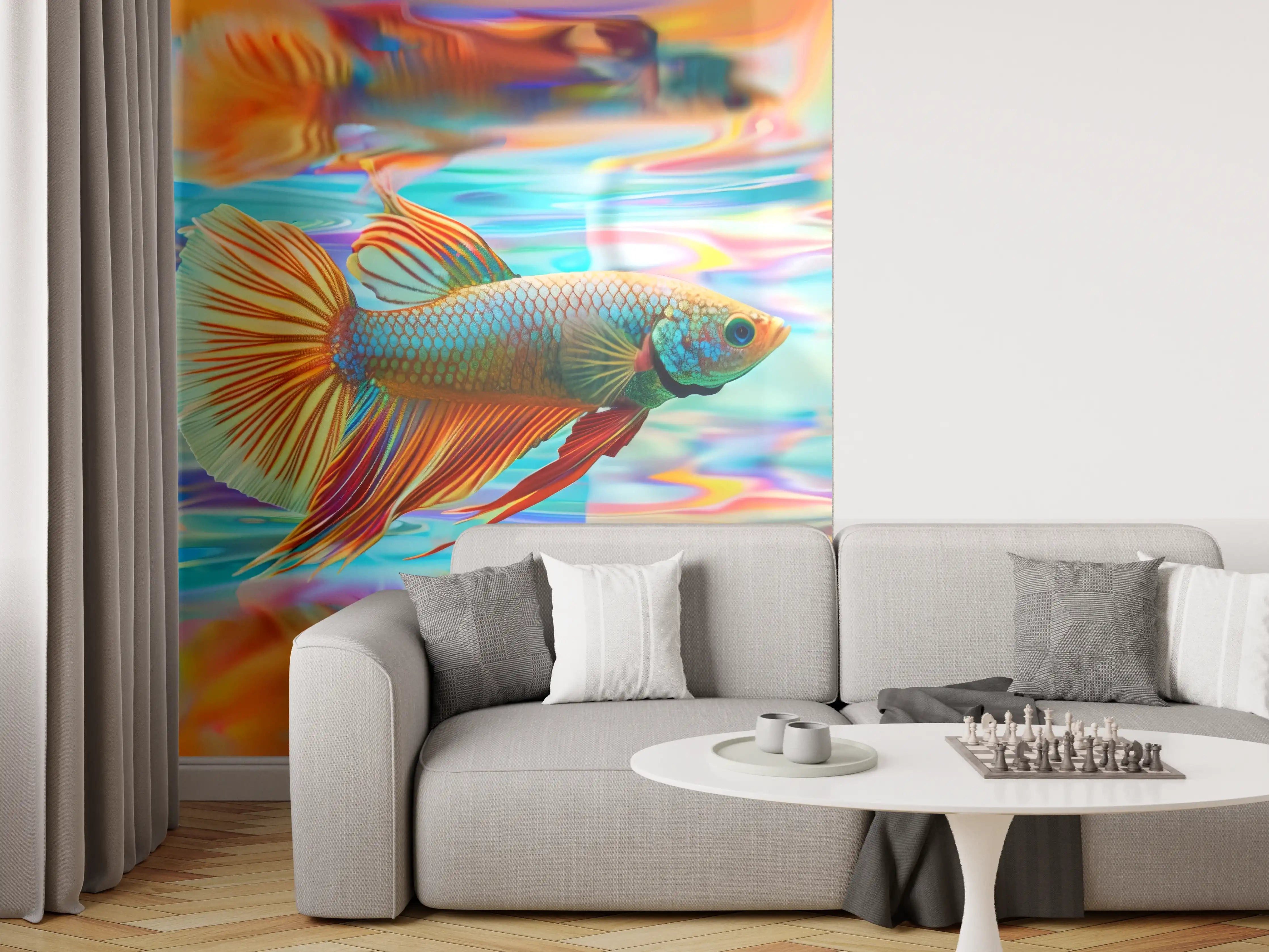 Wandverkleidung Wohnzimmer - Bunter Betta-Fisch Türkis-Orange