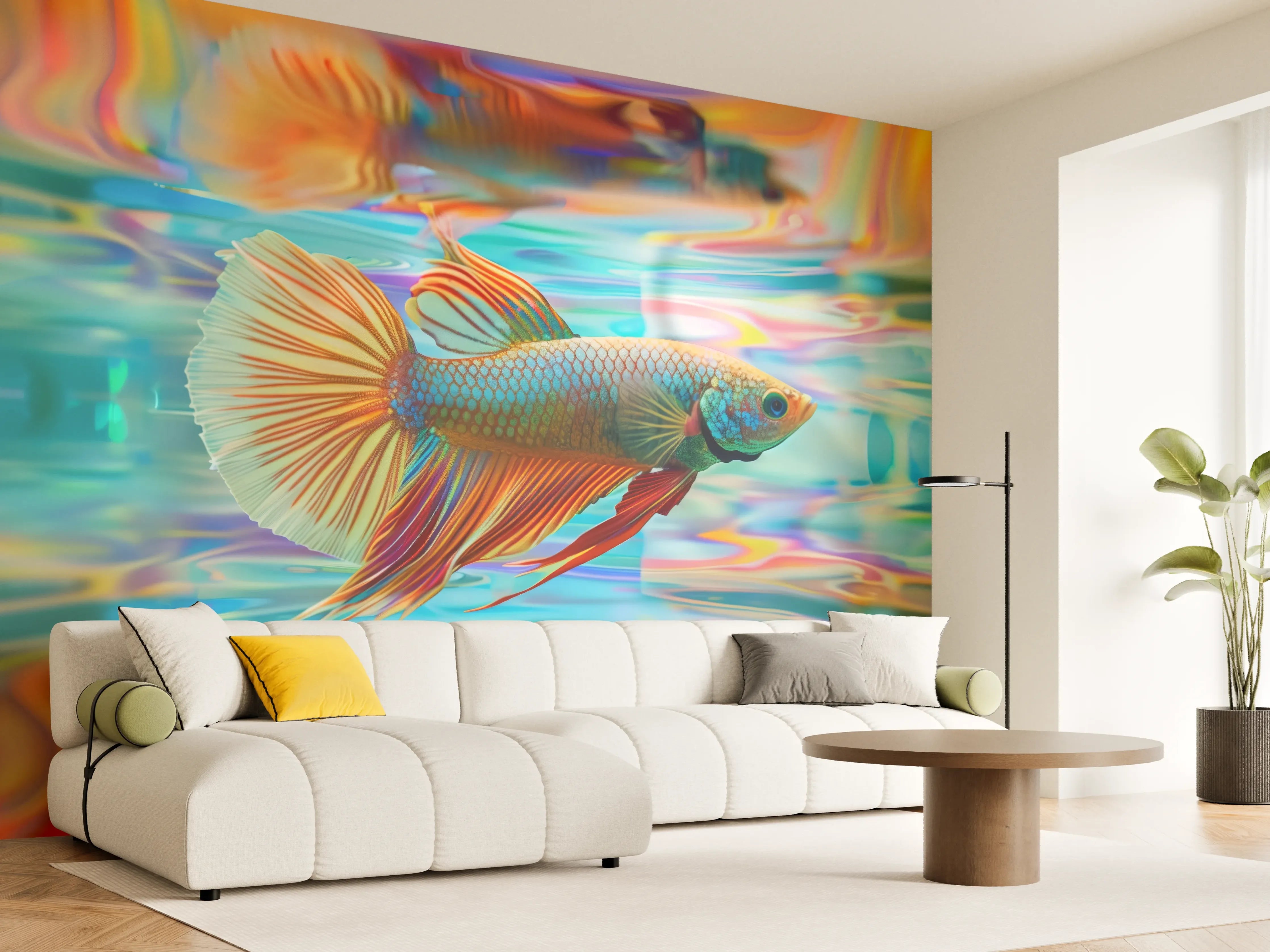 Wandverkleidung Wohnzimmer - Bunter Betta-Fisch Türkis-Orange