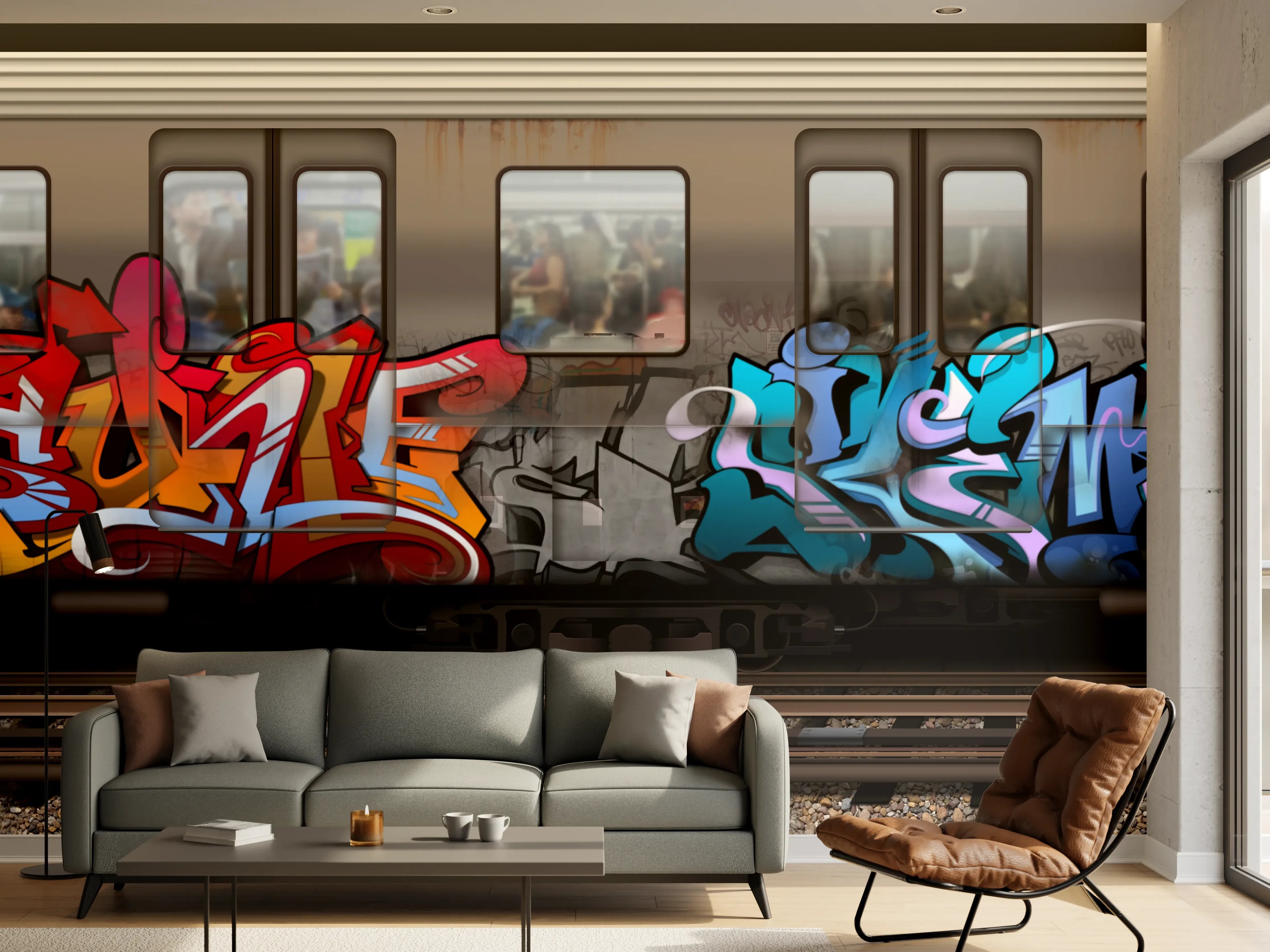 Wandverkleidung Wohnzimmer - Bunter Graffiti-Zug Kunstwerk