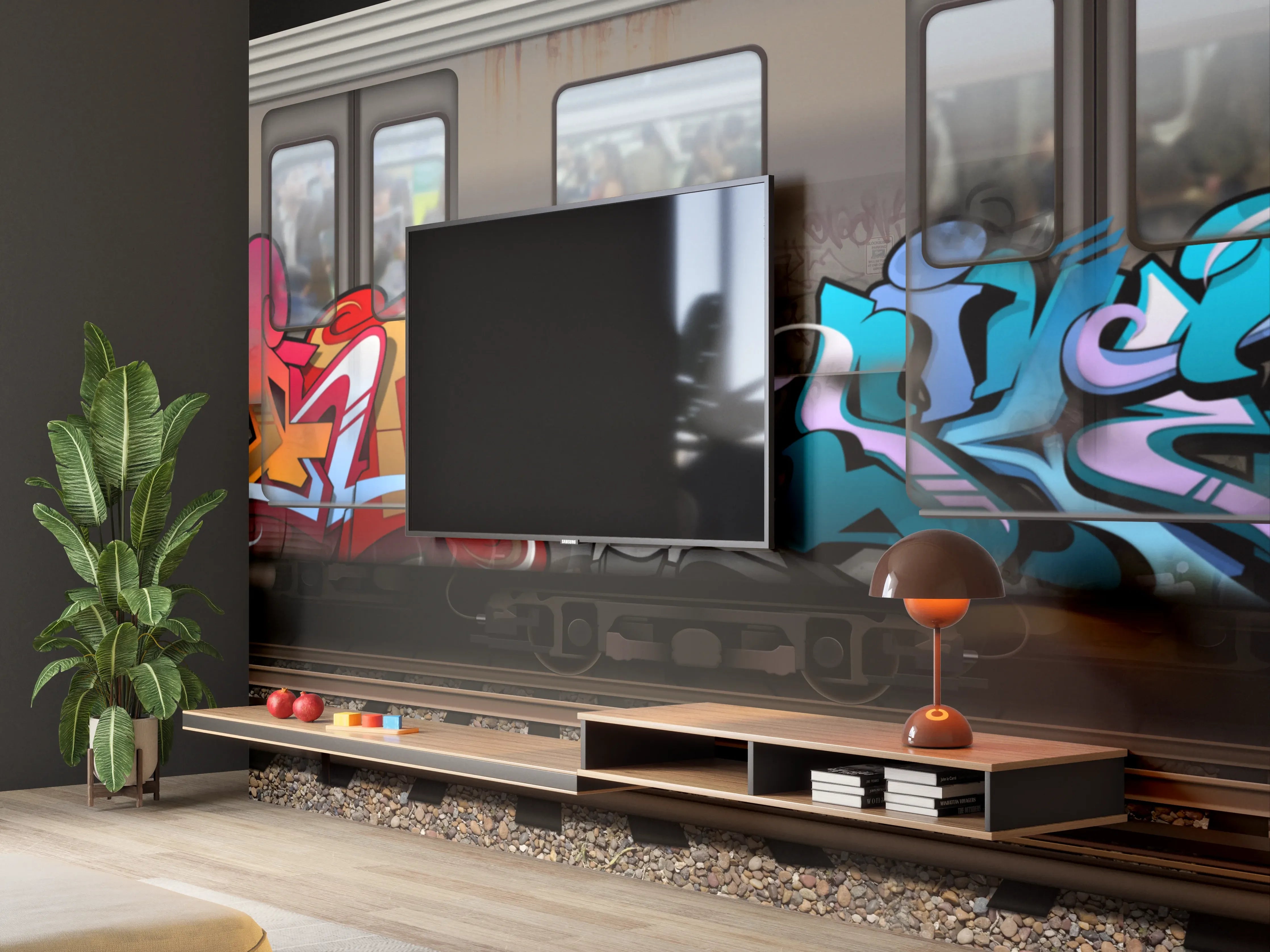 Wandverkleidung Wohnzimmer - Bunter Graffiti-Zug Kunstwerk