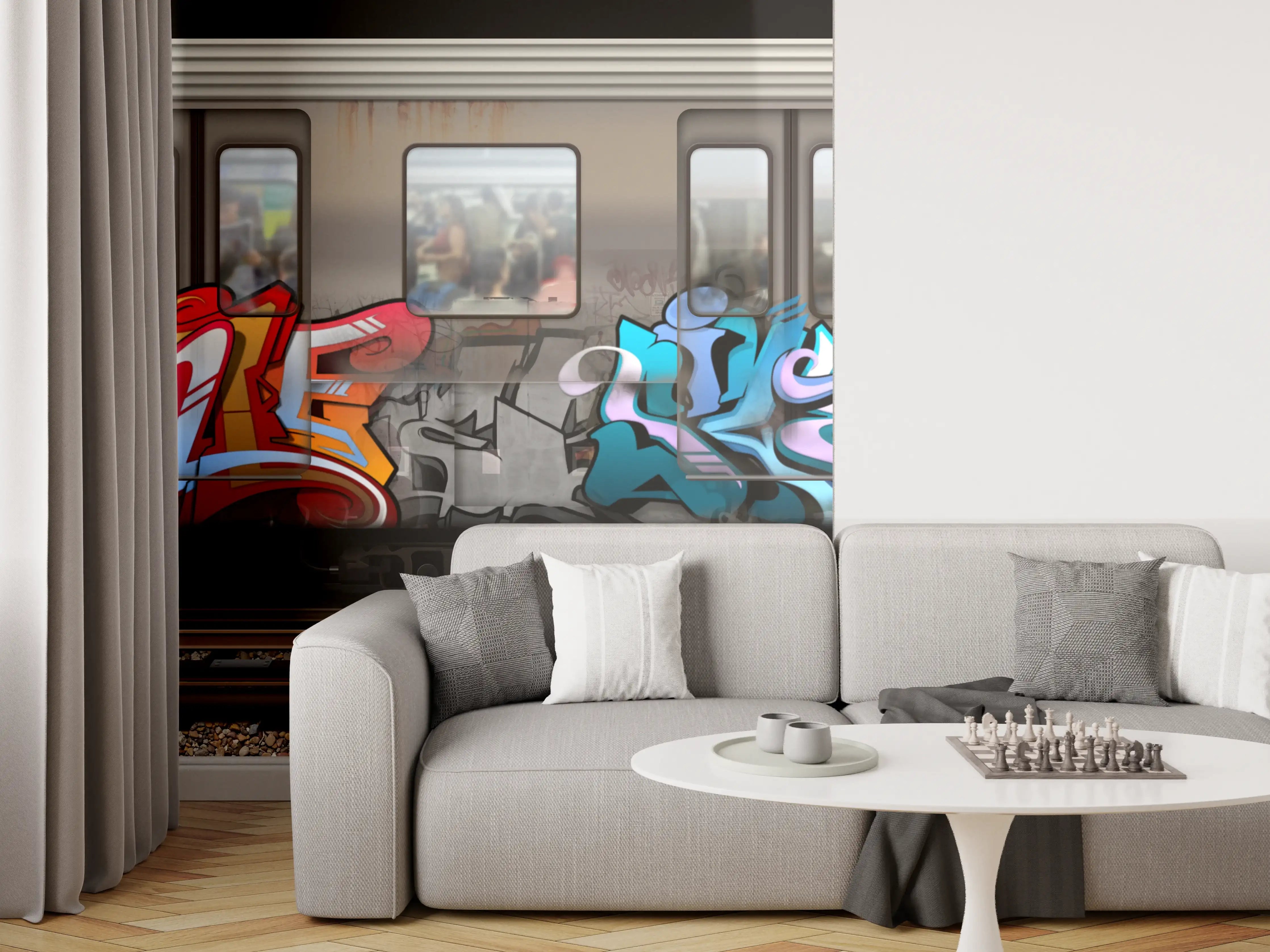 Wandverkleidung Wohnzimmer - Bunter Graffiti-Zug Kunstwerk