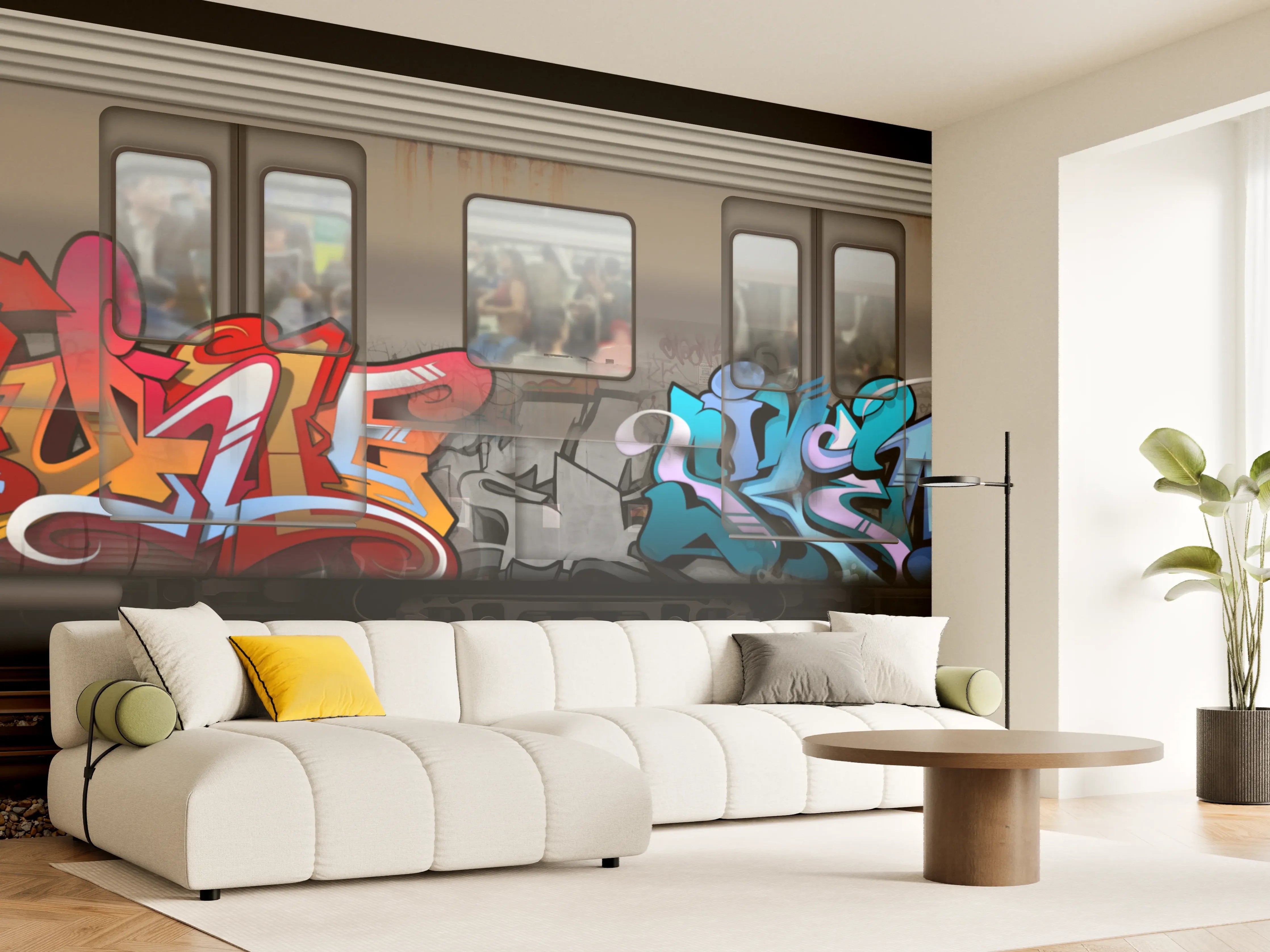 Wandverkleidung Wohnzimmer - Bunter Graffiti-Zug Kunstwerk