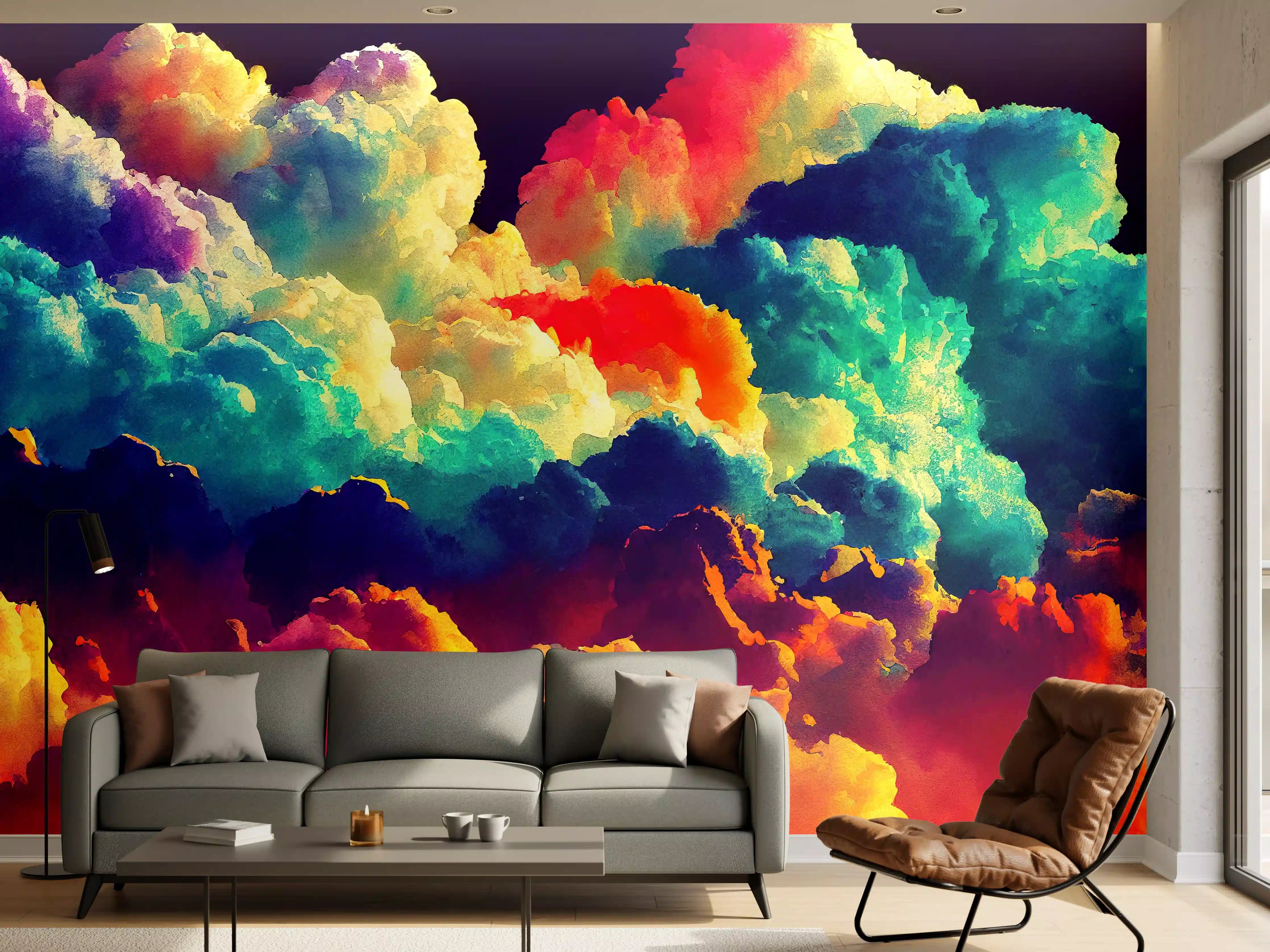 Wandverkleidung Wohnzimmer - Bunter Wolkenhimmel