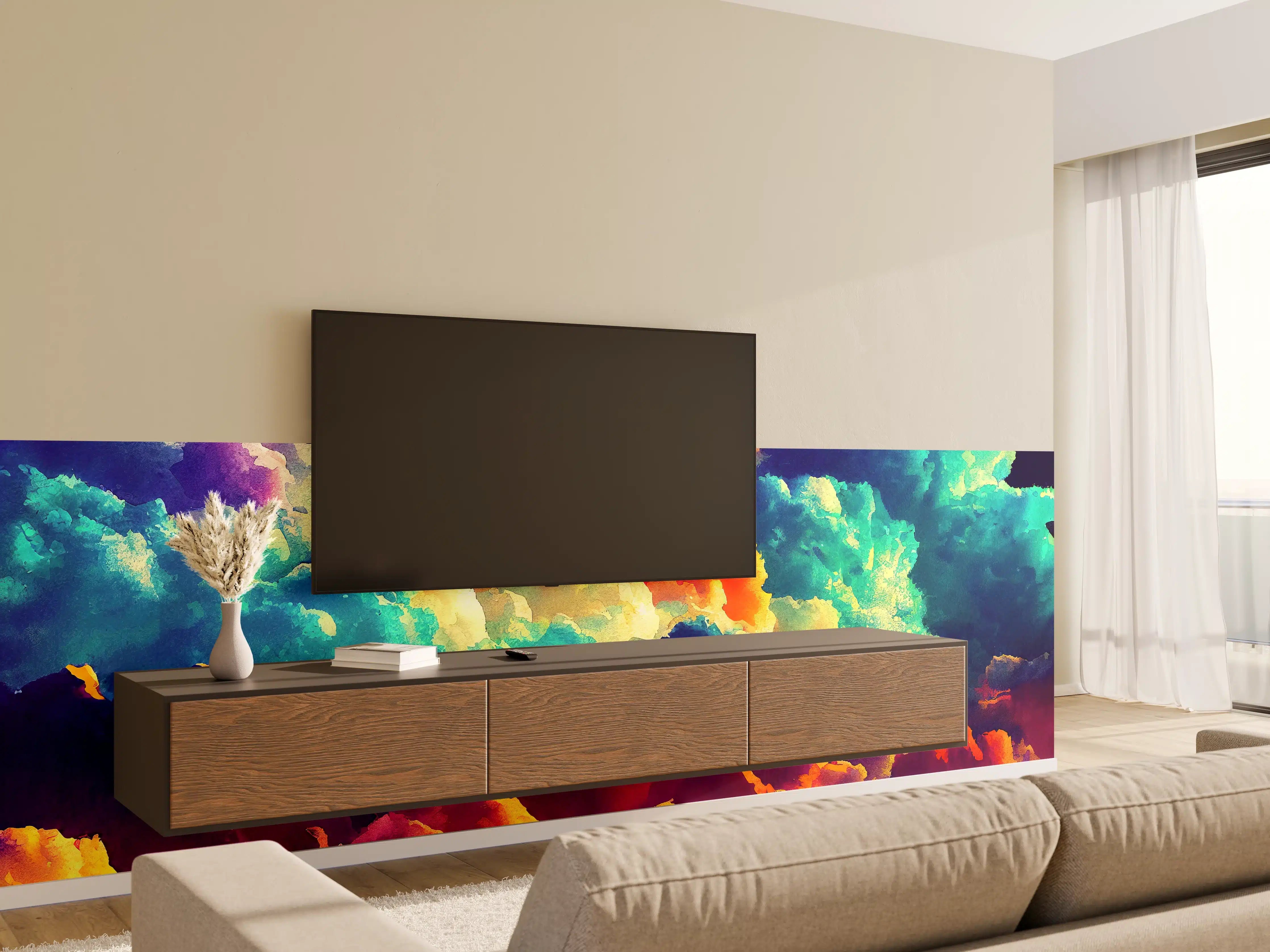 Wandverkleidung Wohnzimmer - Bunter Wolkenhimmel