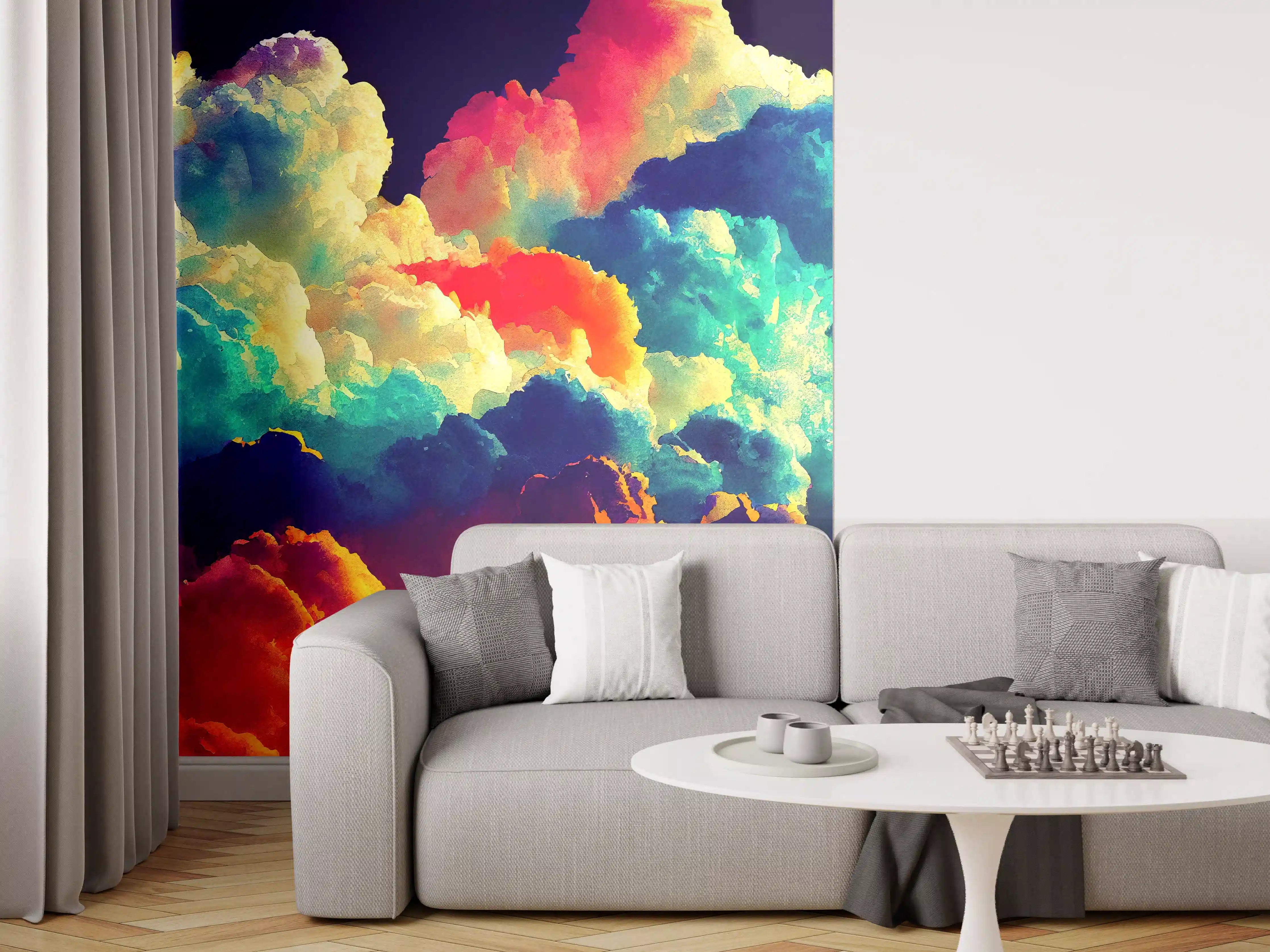 Wandverkleidung Wohnzimmer - Bunter Wolkenhimmel