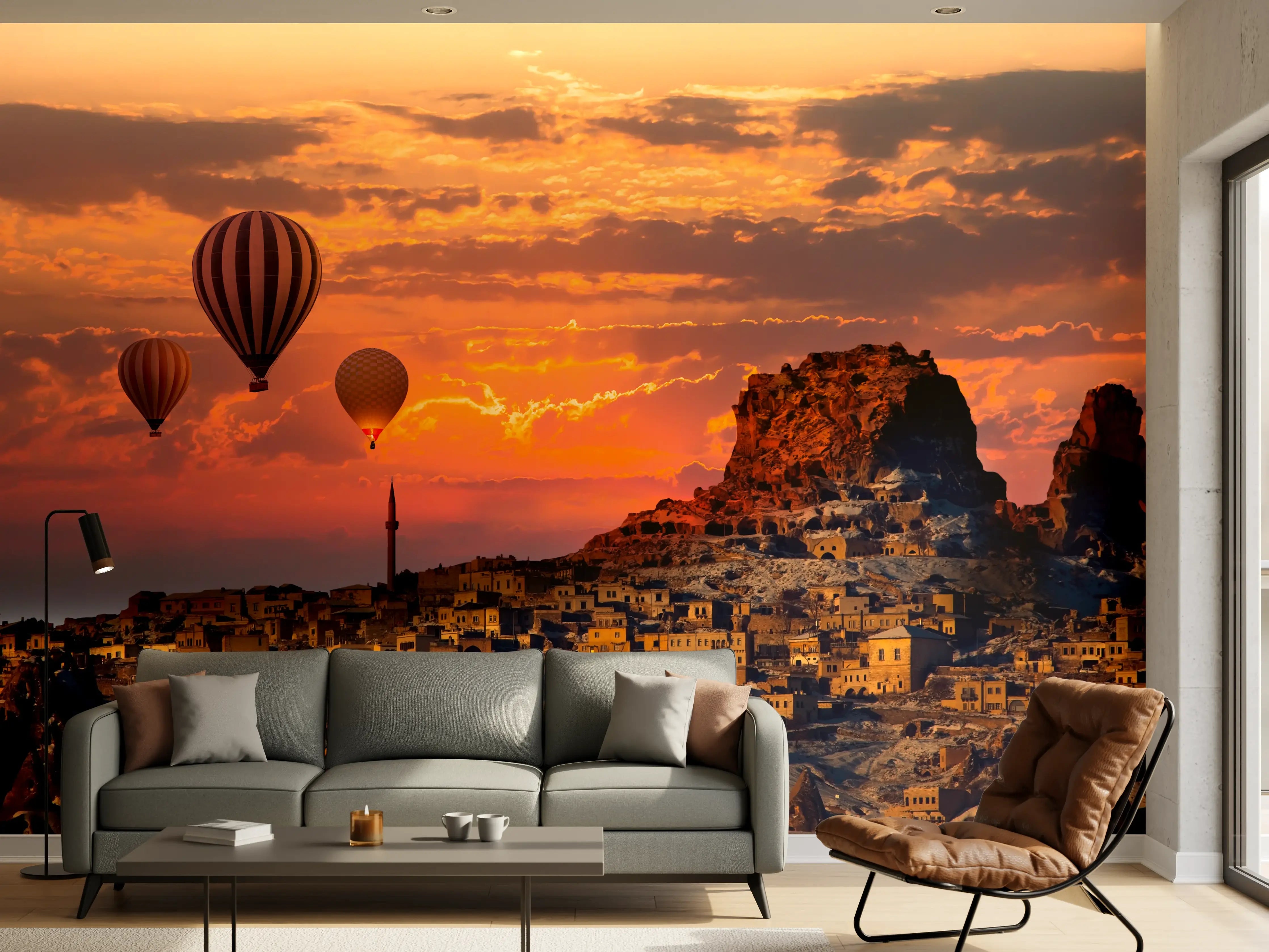 Wandverkleidung Wohnzimmer - Buntes Ballon-Spektakel bei Sonnenuntergang
