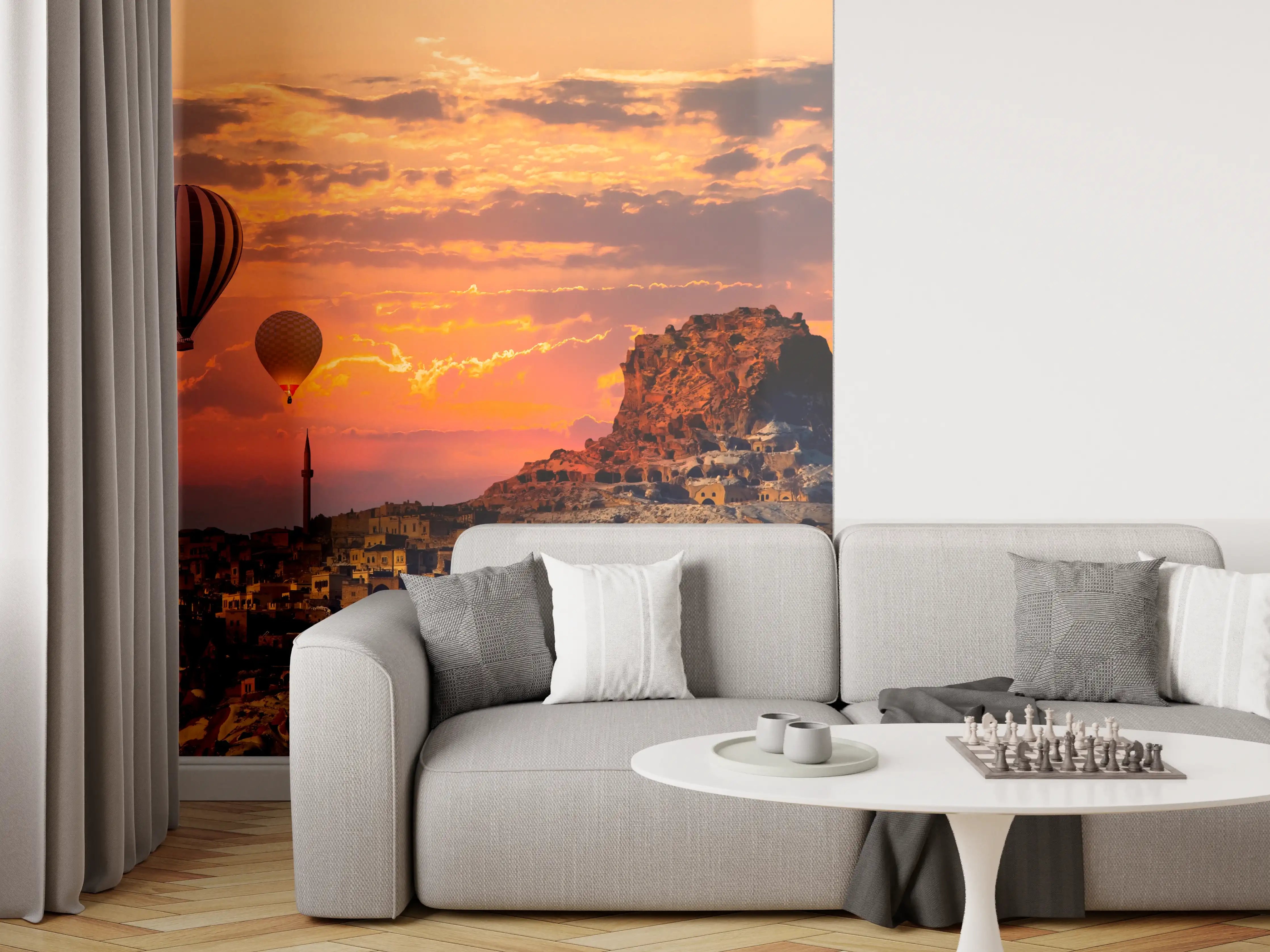 Wandverkleidung Wohnzimmer - Buntes Ballon-Spektakel bei Sonnenuntergang