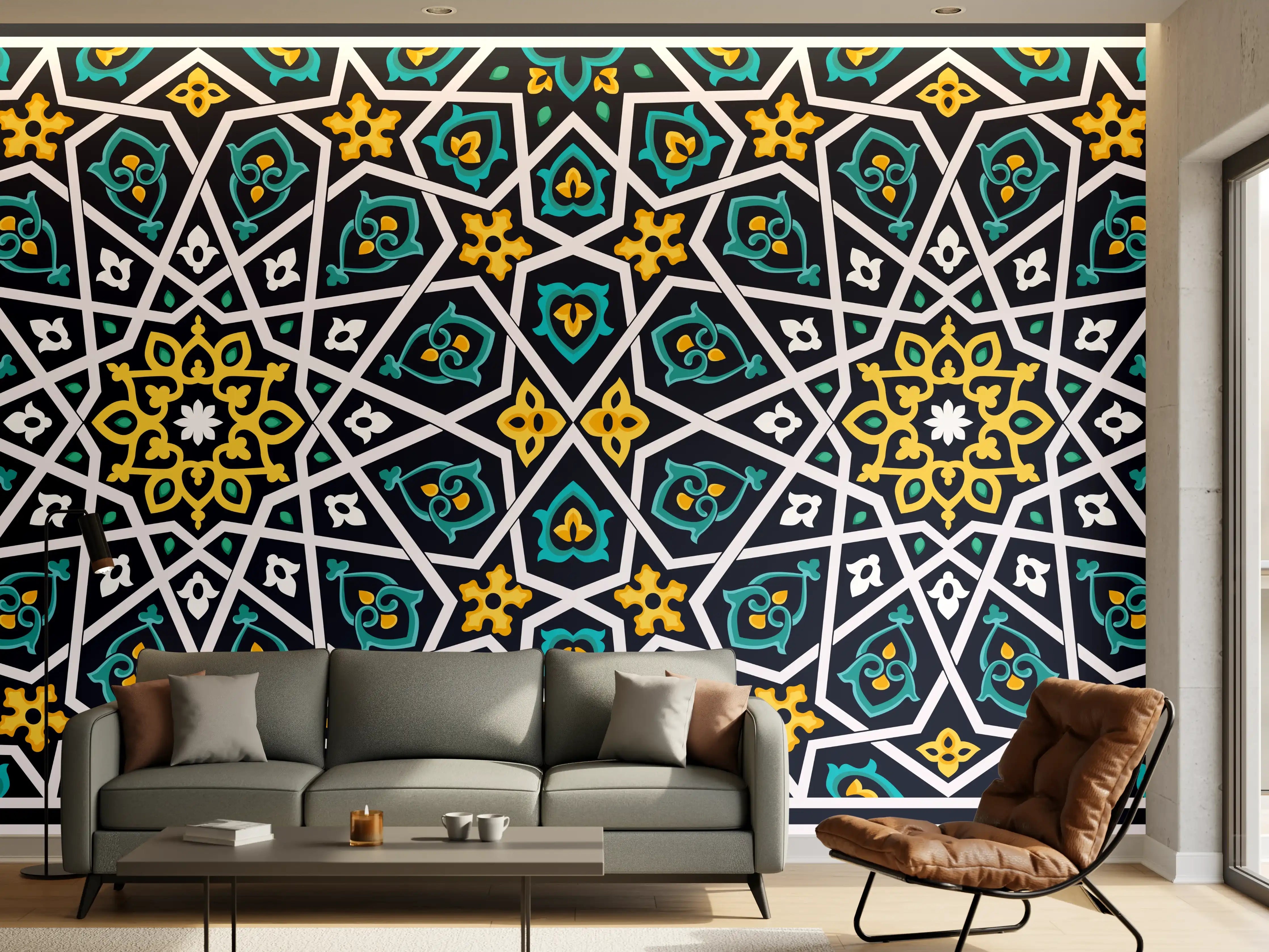 Wandverkleidung Wohnzimmer - Buntes Ethno-Muster Design