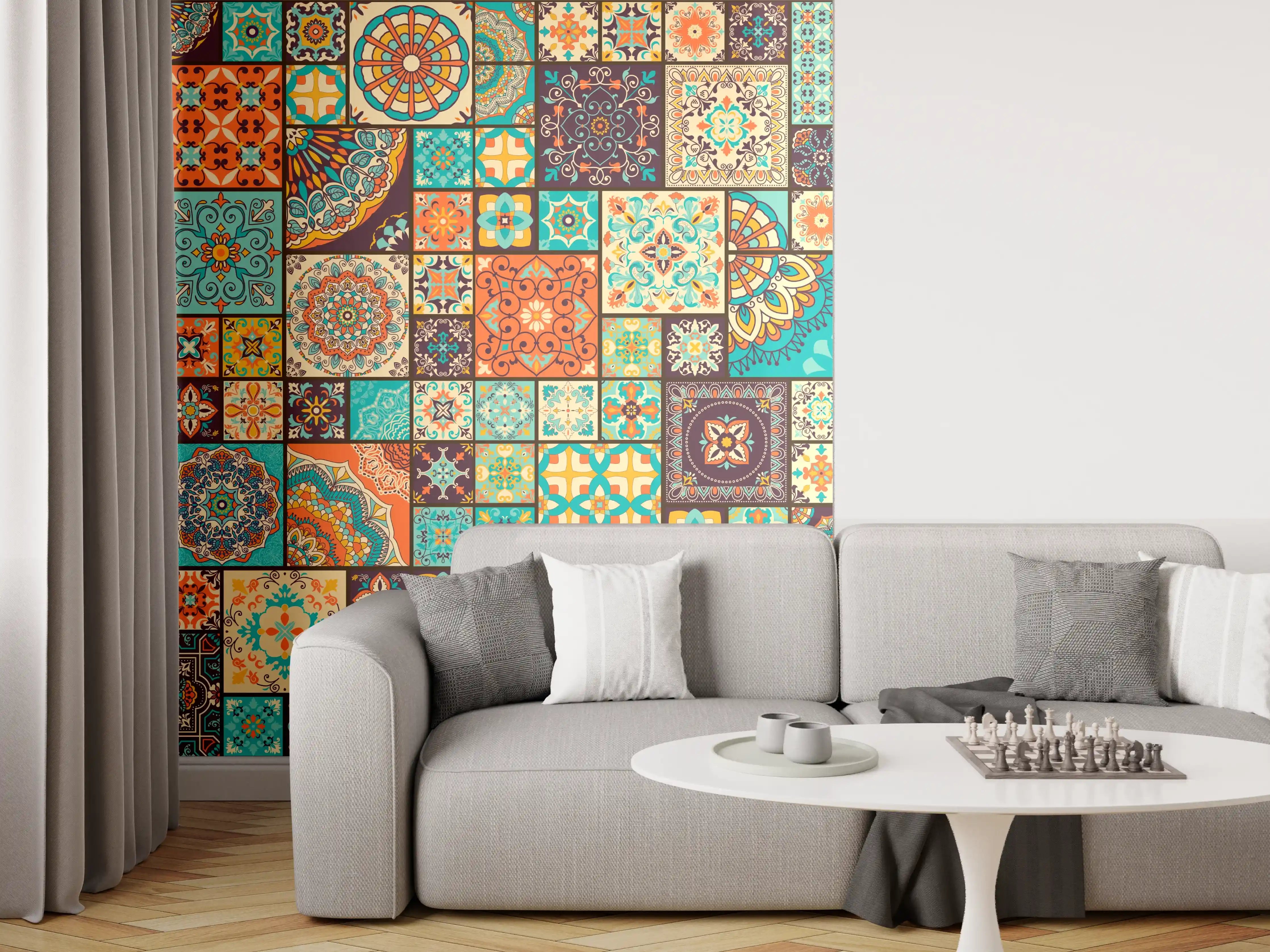 Wandverkleidung Wohnzimmer - Buntes Ethno-Muster