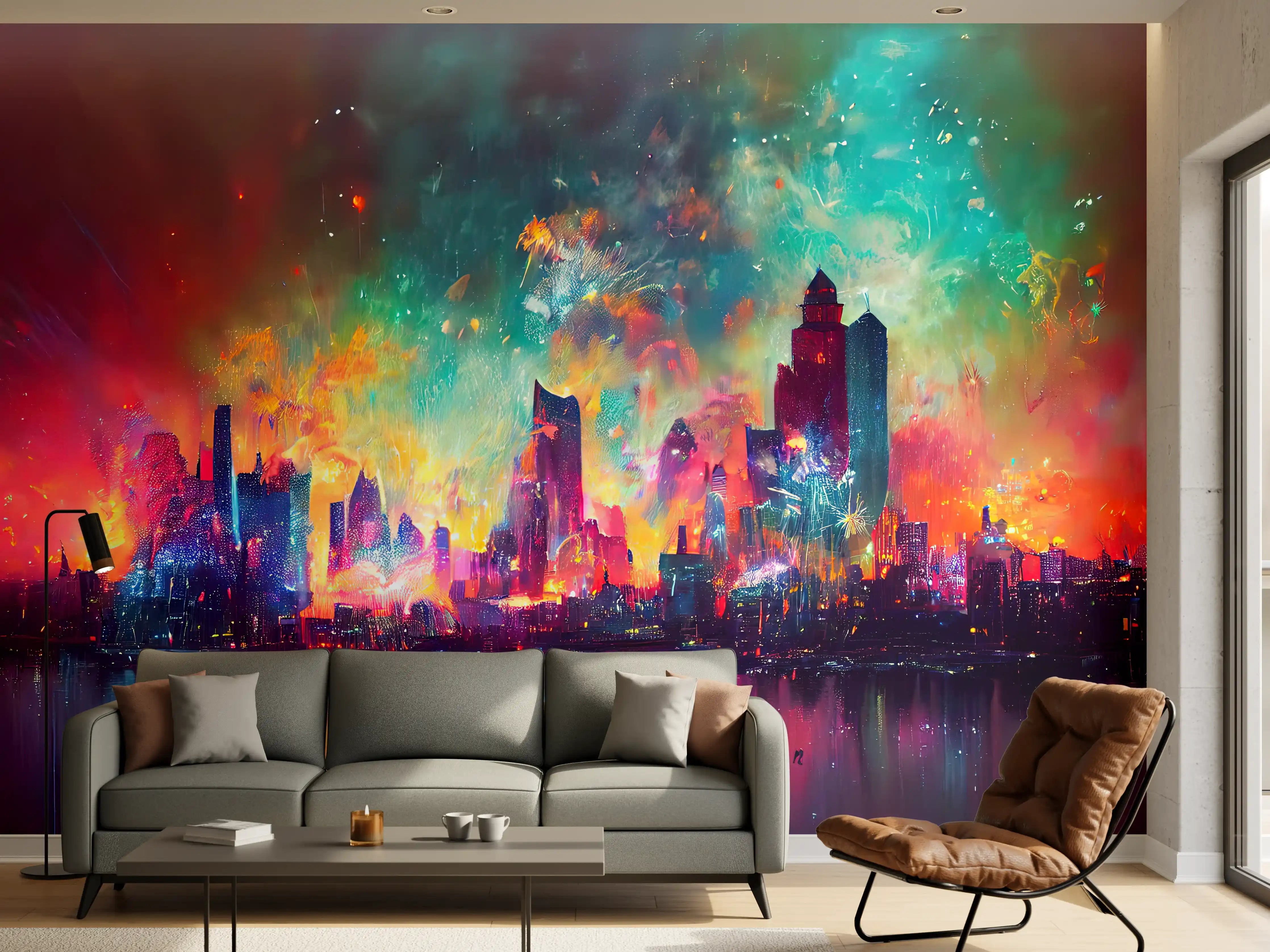 Wandverkleidung Wohnzimmer - Buntes Feuerwerk bei Nacht - Graphik