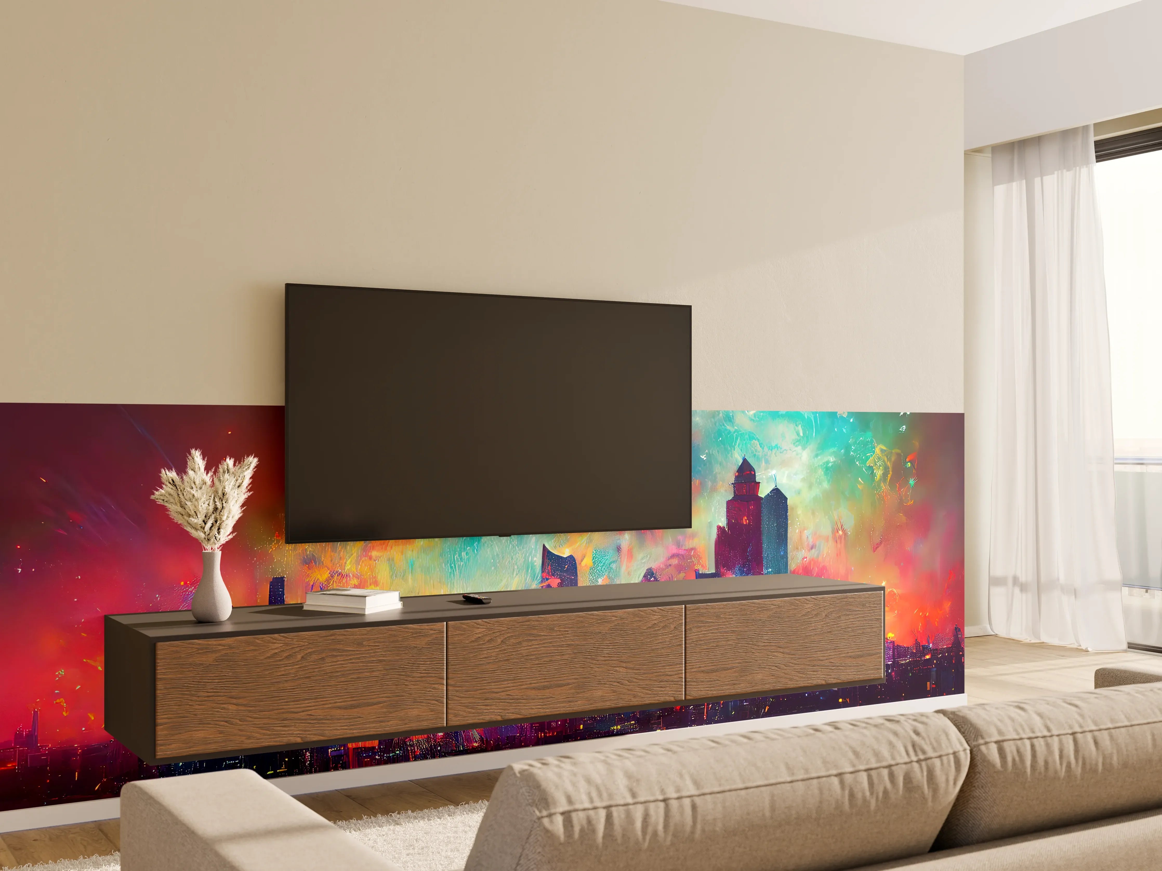 Wandverkleidung Wohnzimmer - Buntes Feuerwerk bei Nacht - Graphik