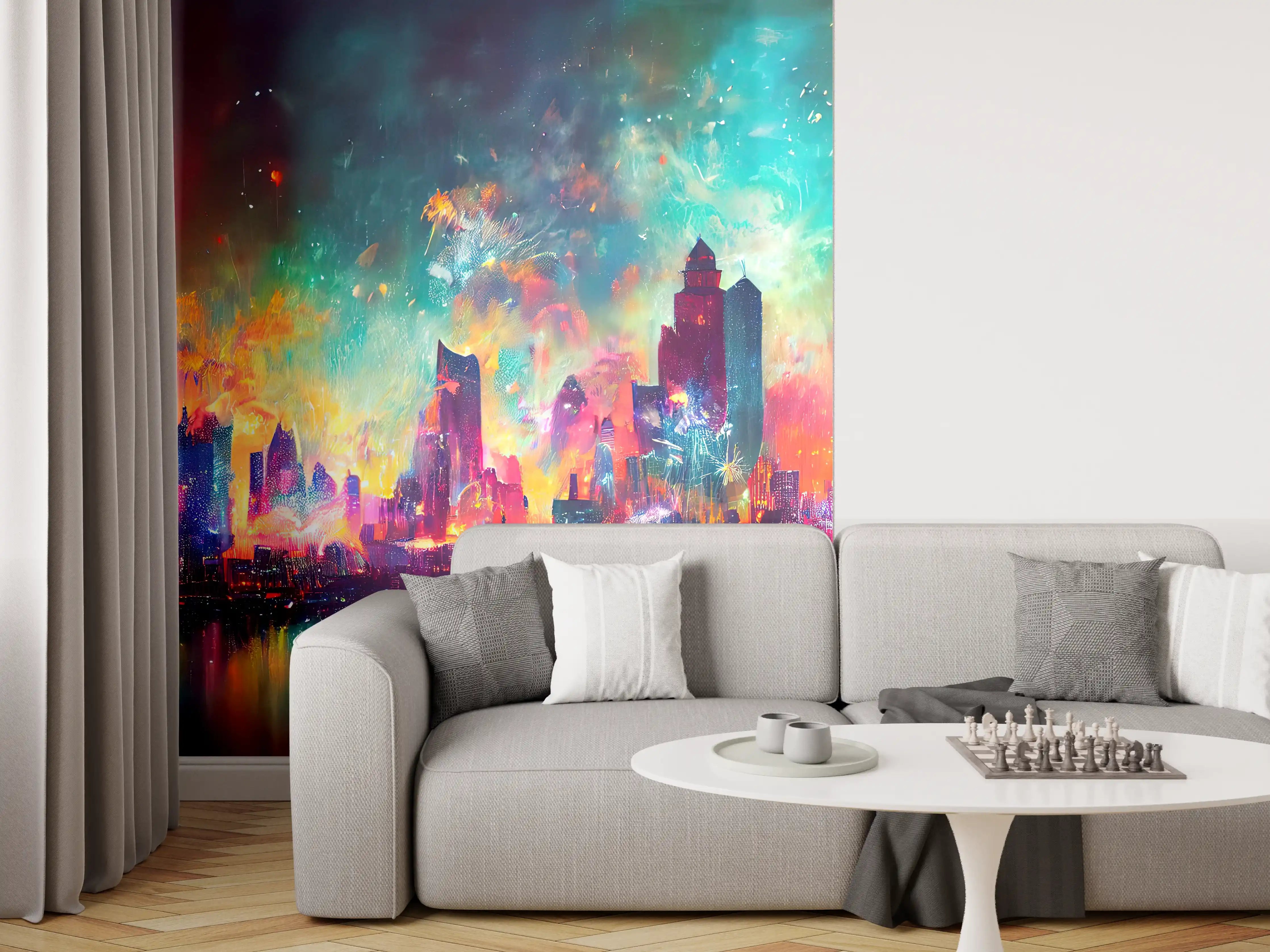 Wandverkleidung Wohnzimmer - Buntes Feuerwerk bei Nacht - Graphik