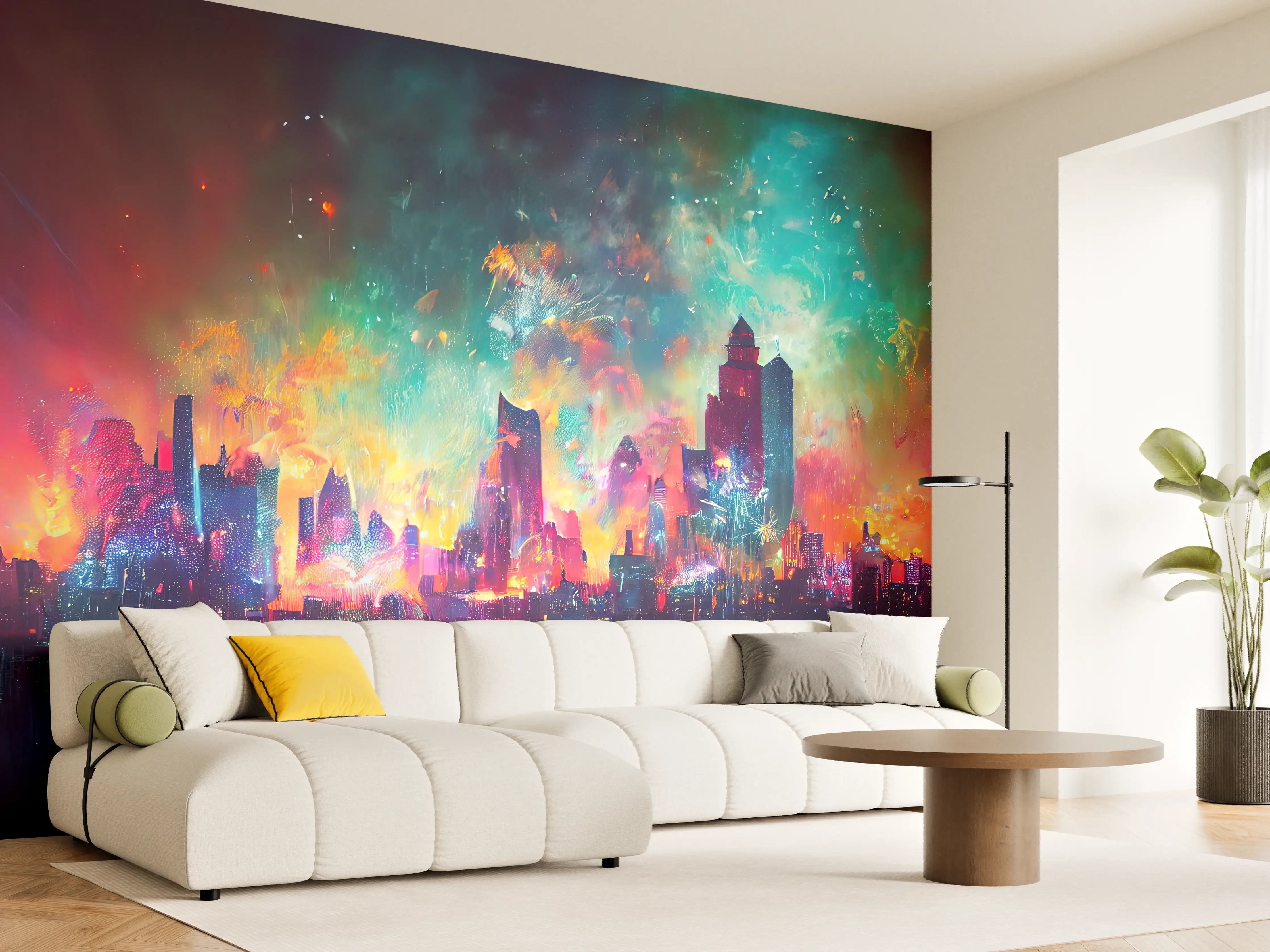 Wandverkleidung Wohnzimmer - Buntes Feuerwerk bei Nacht - Graphik