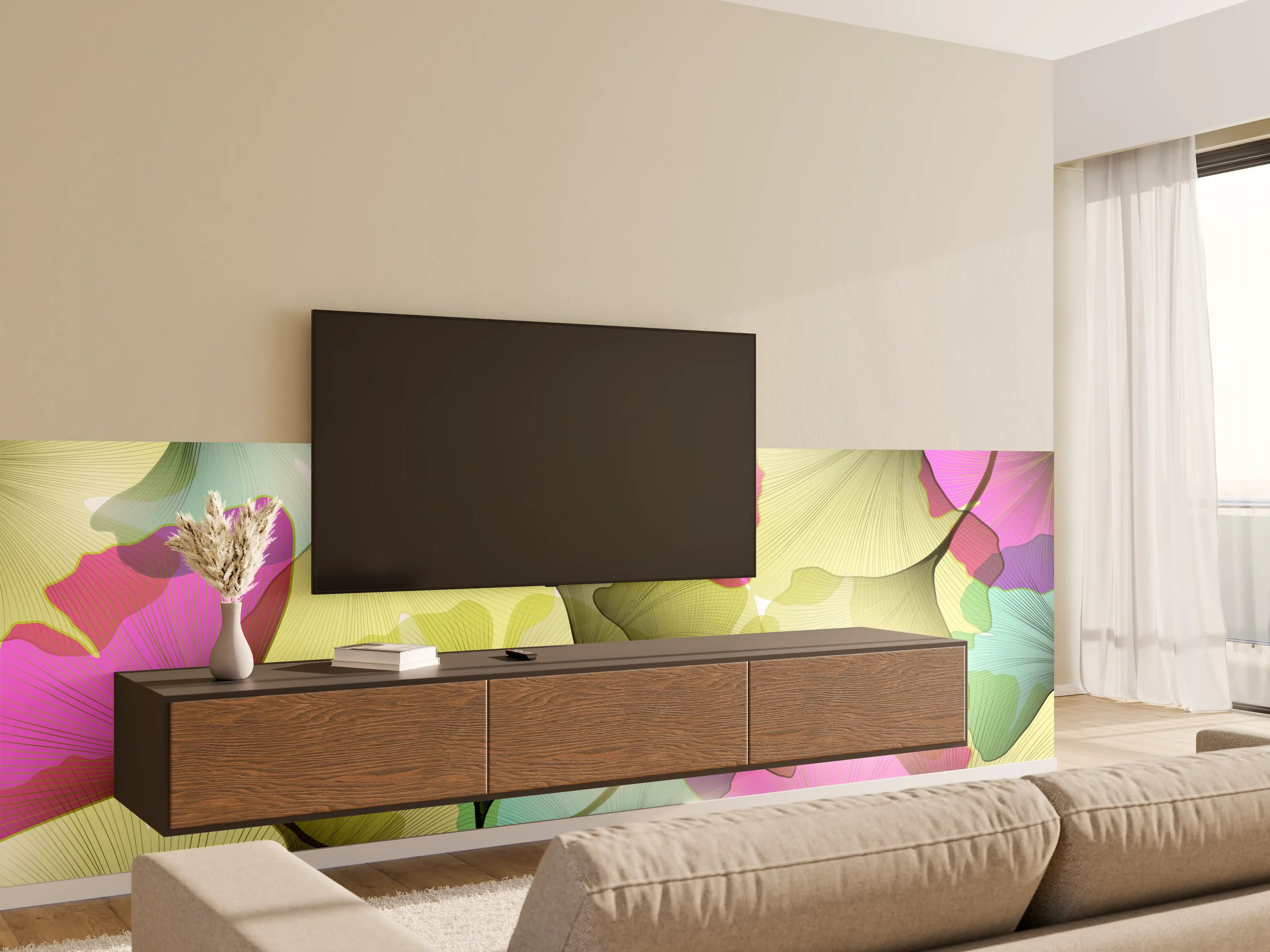 Wandverkleidung Wohnzimmer - Buntes Ginkgo Blätter Design