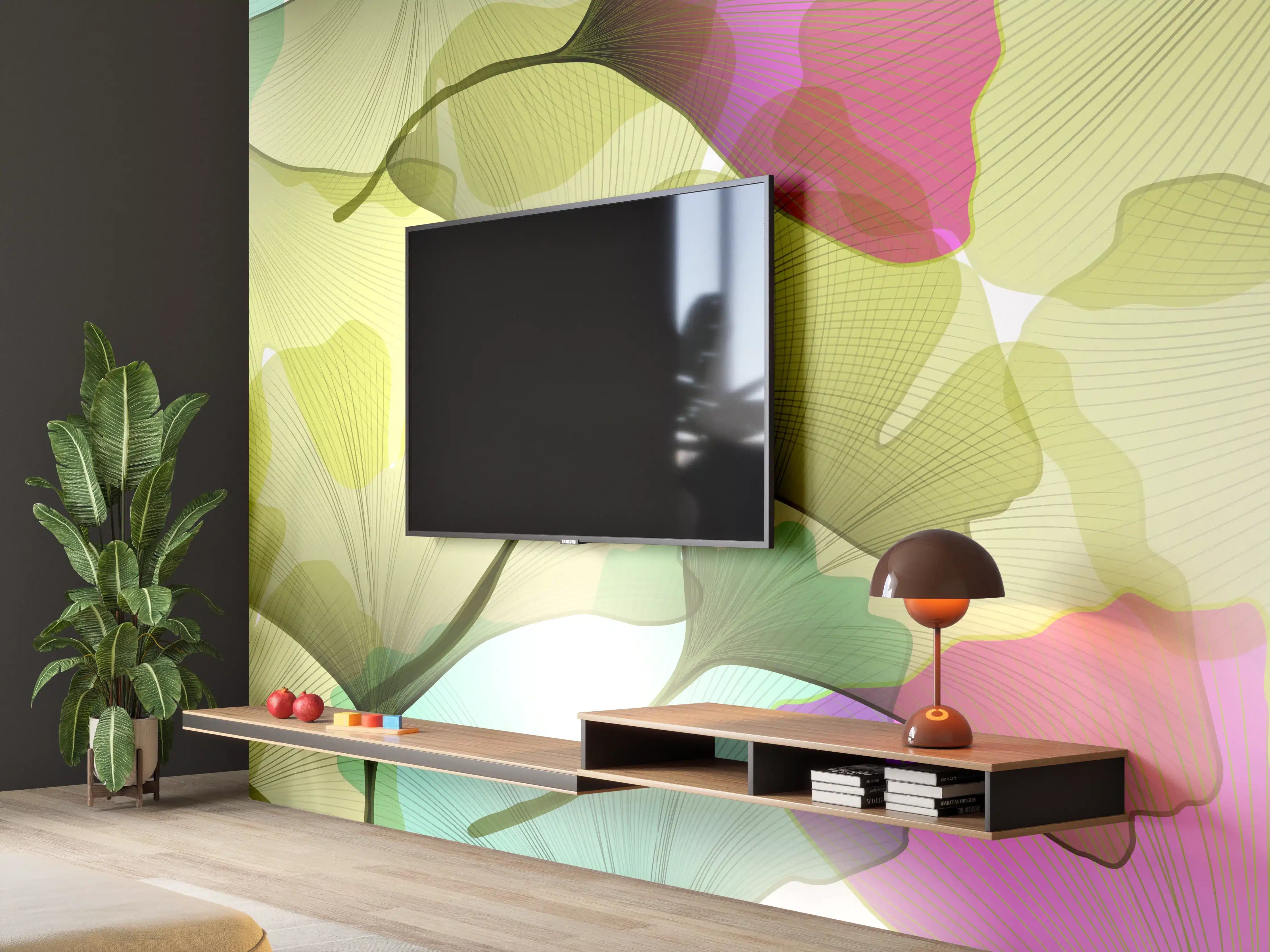 Wandverkleidung Wohnzimmer - Buntes Ginkgo Blätter Design