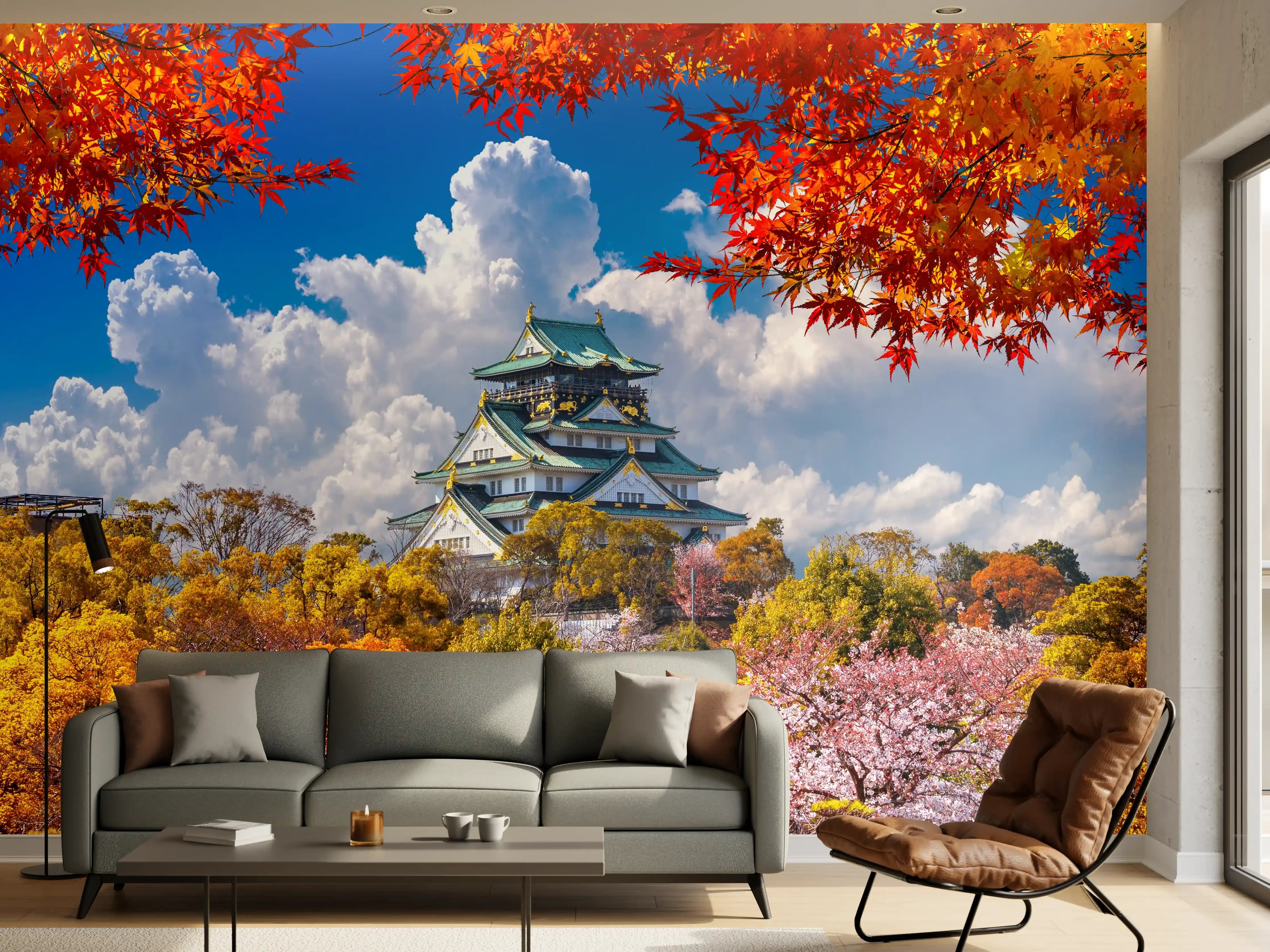Wandverkleidung Wohnzimmer - Buntes Herbstlaub vor Japanischer Burg