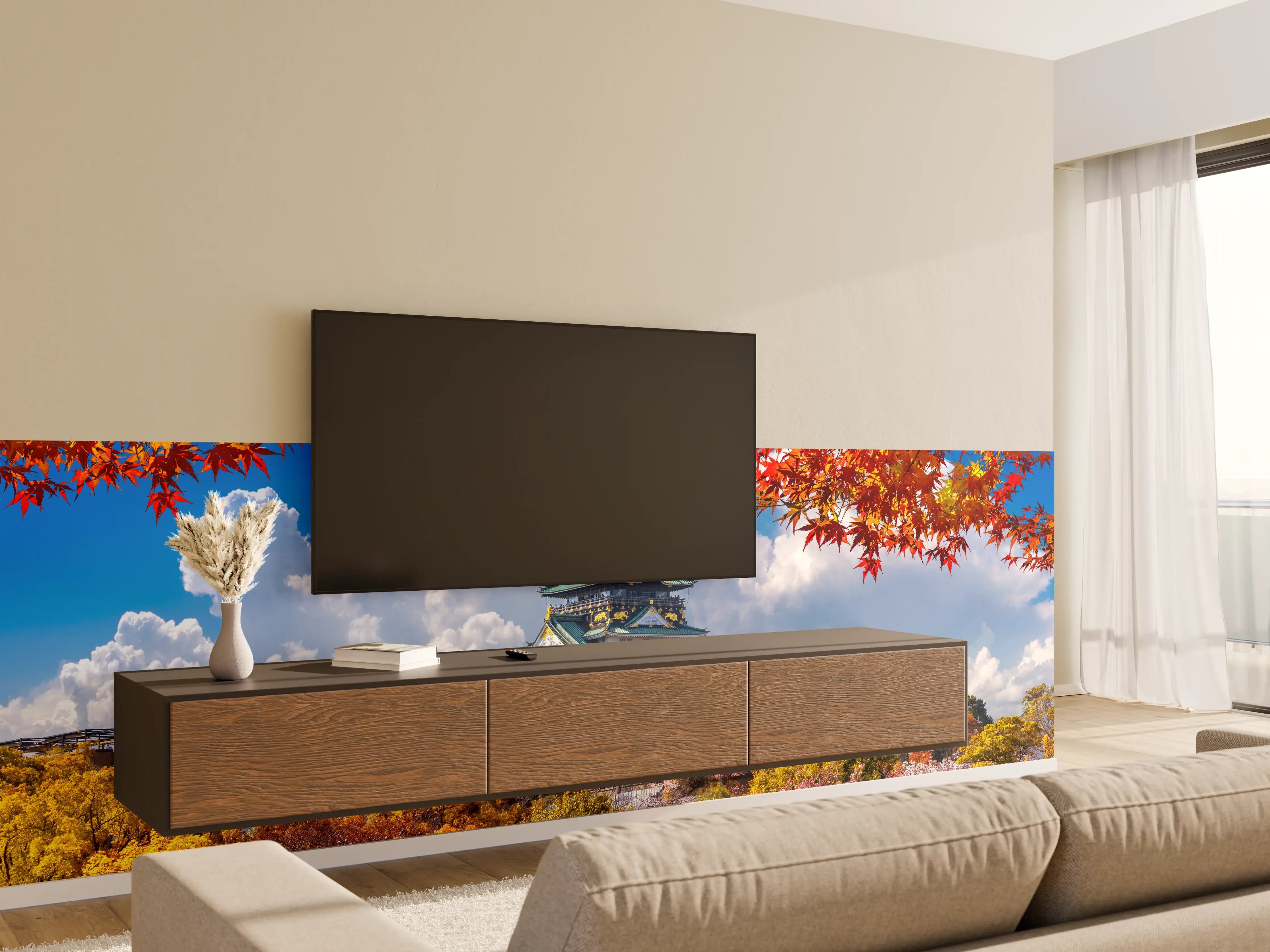 Wandverkleidung Wohnzimmer - Buntes Herbstlaub vor Japanischer Burg