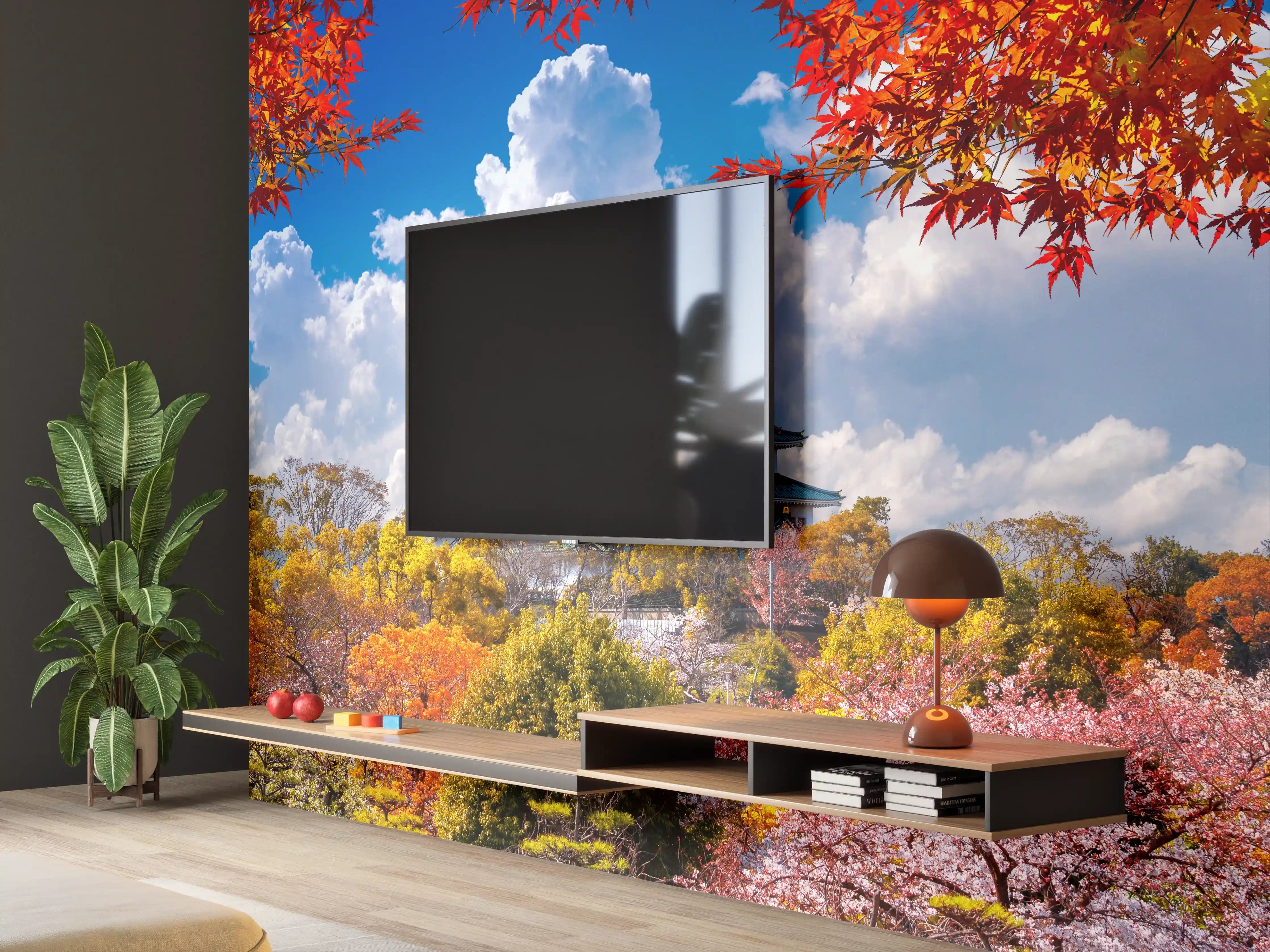 Wandverkleidung Wohnzimmer - Buntes Herbstlaub vor Japanischer Burg