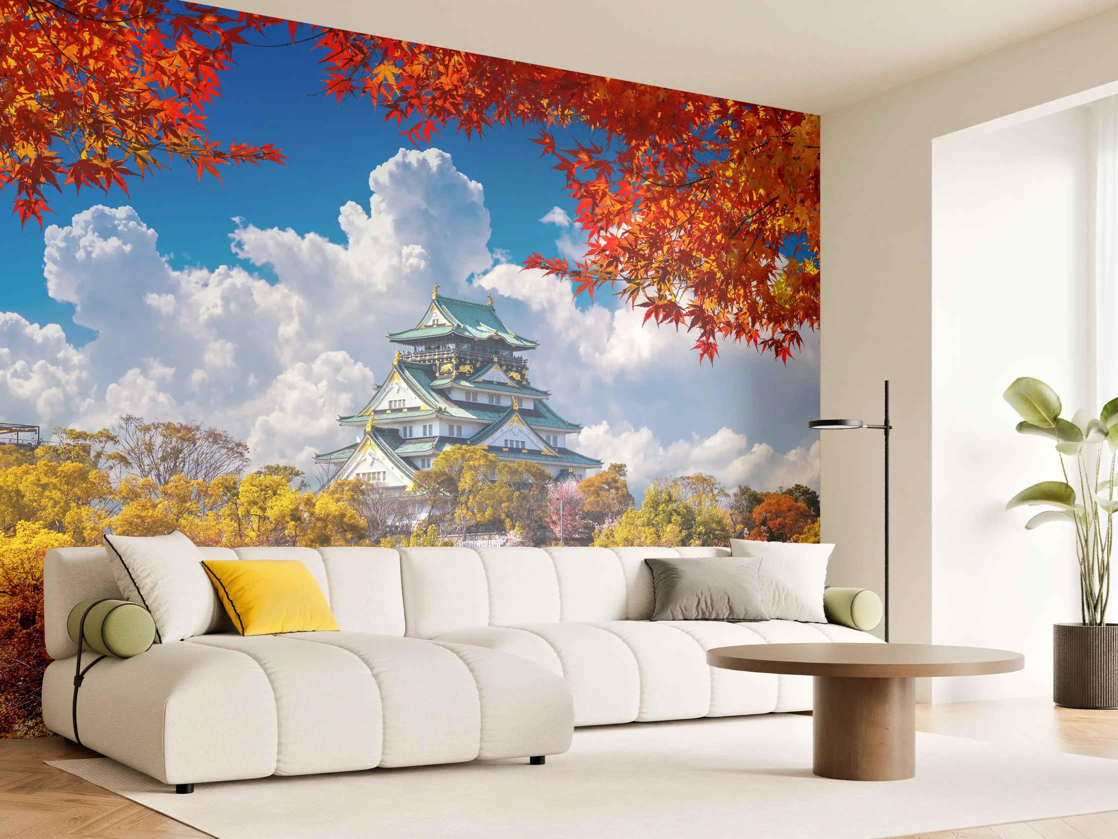 Wandverkleidung Wohnzimmer - Buntes Herbstlaub vor Japanischer Burg