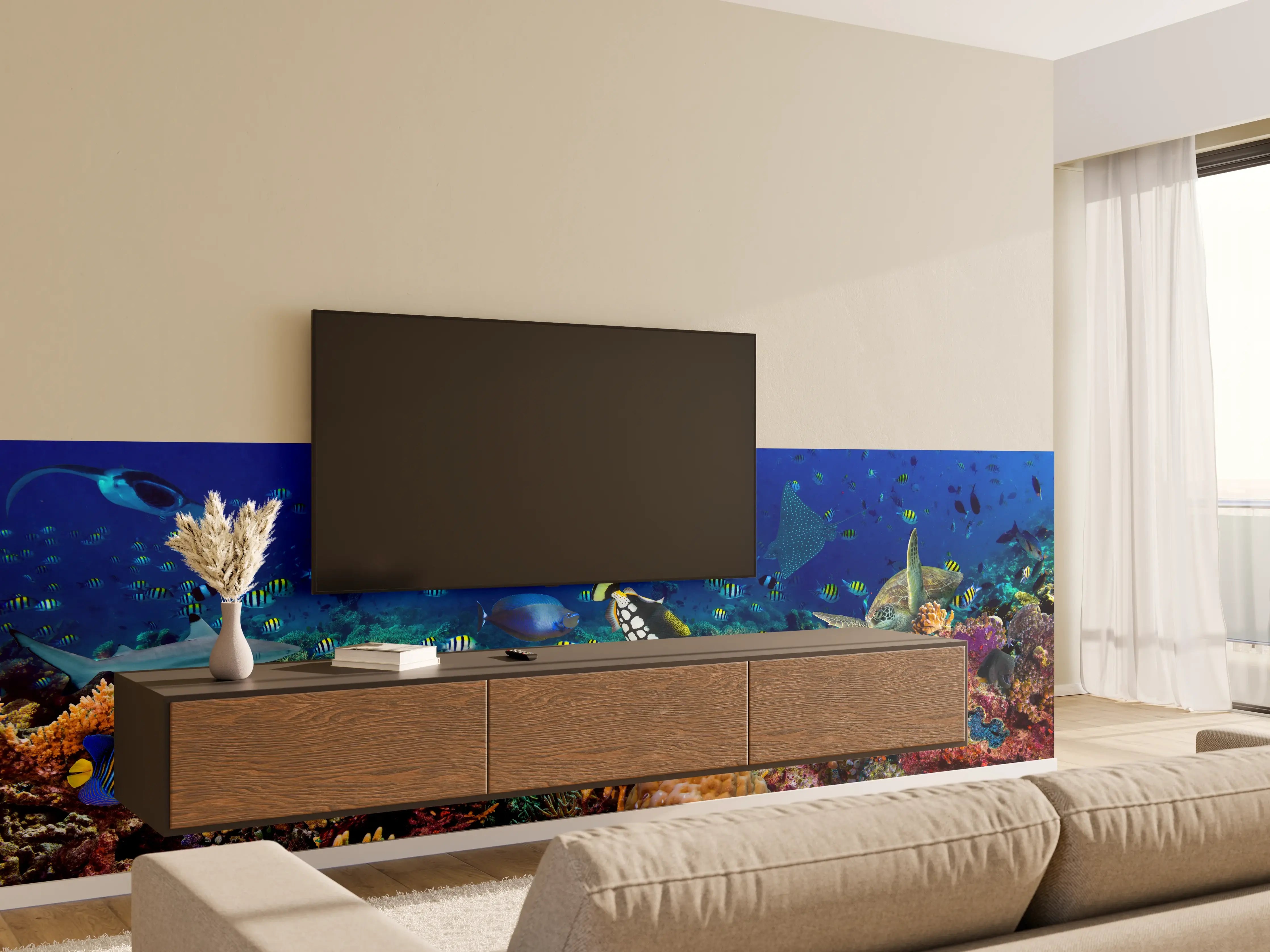 Wandverkleidung Wohnzimmer - Buntes Korallenriff Blau-Türkis
