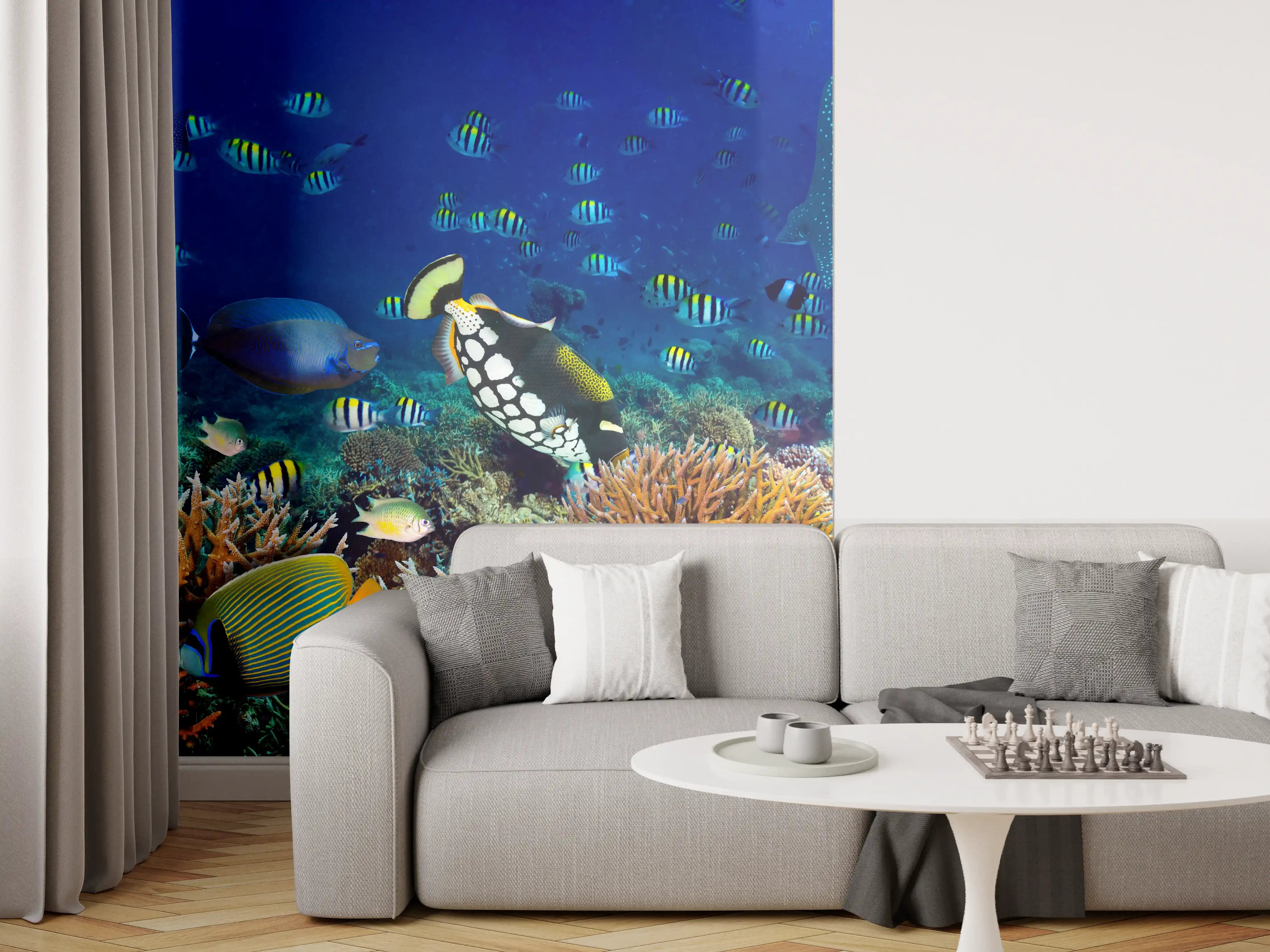 Wandverkleidung Wohnzimmer - Buntes Korallenriff Blau-Türkis