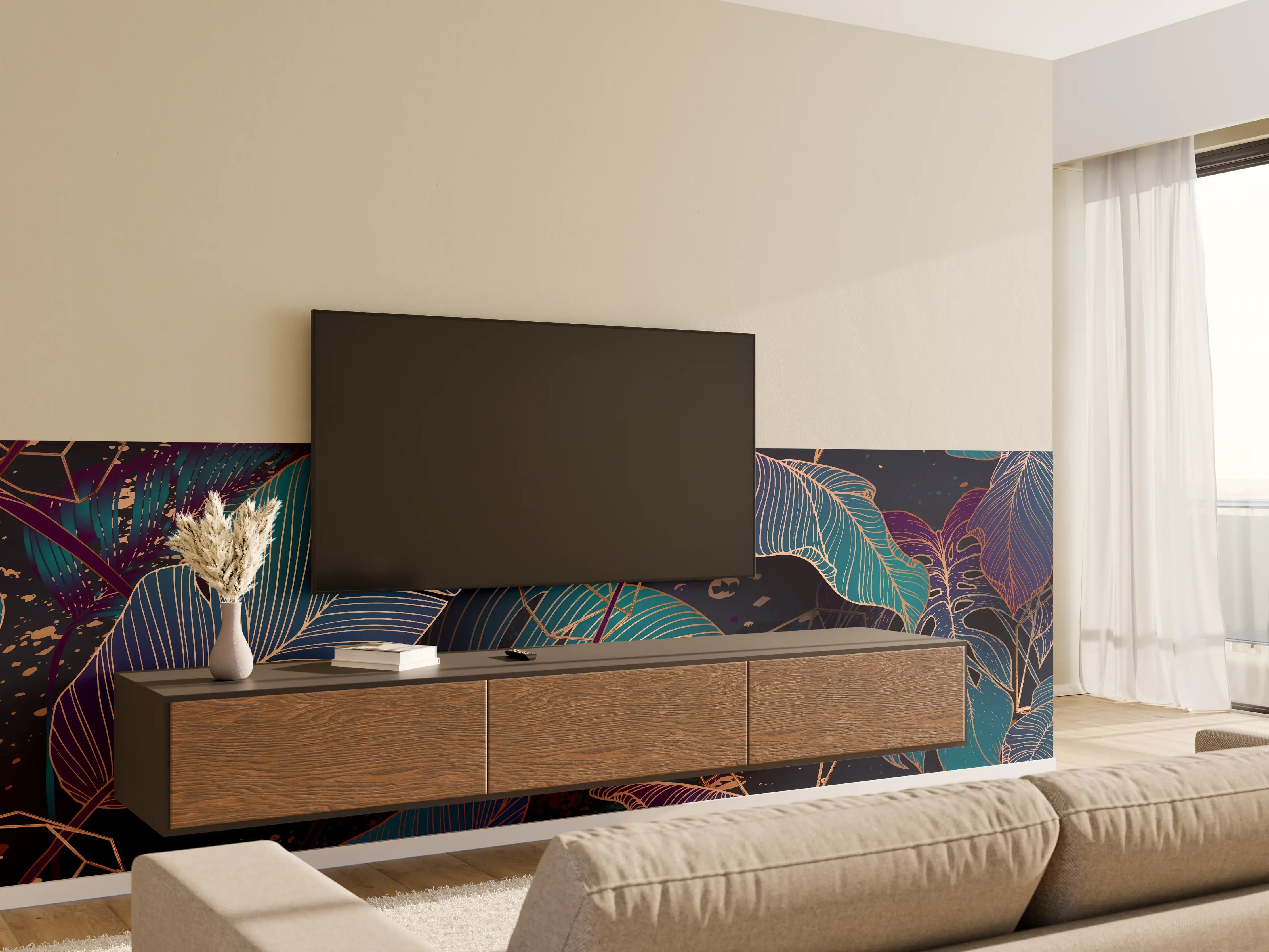 Wandverkleidung Wohnzimmer - Buntes Laubmuster Nacht