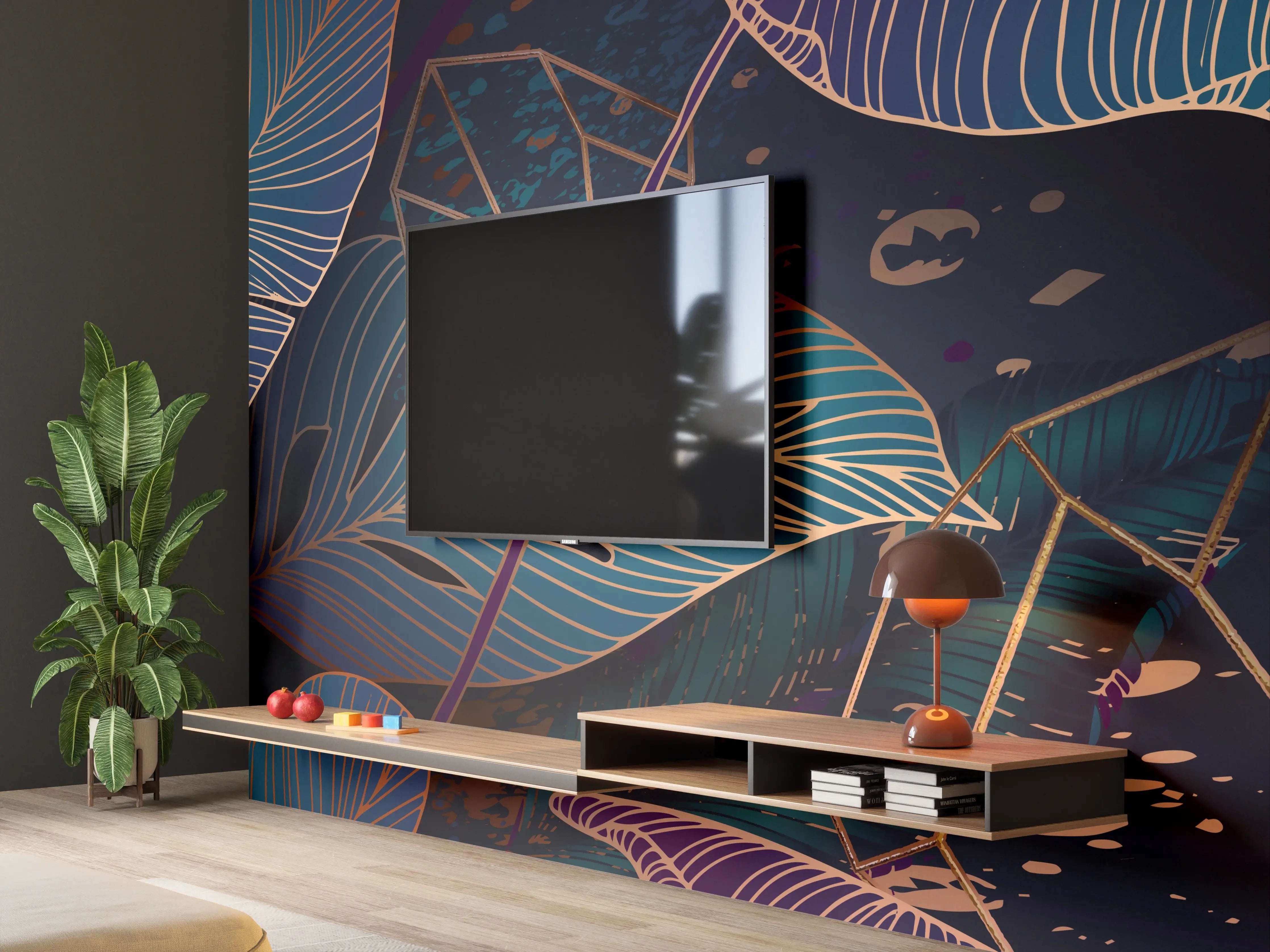 Wandverkleidung Wohnzimmer - Buntes Laubmuster Nacht