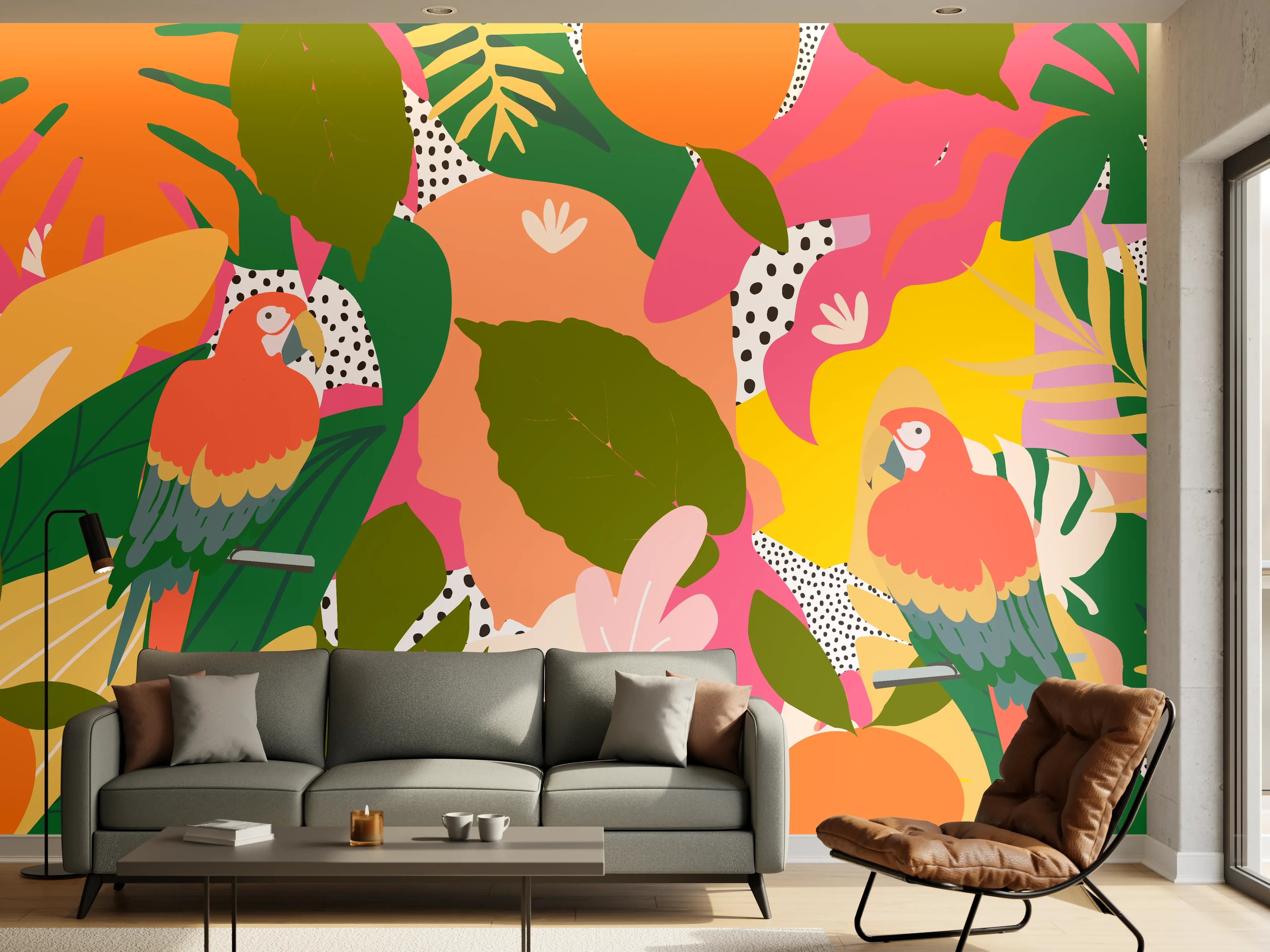 Wandverkleidung Wohnzimmer - Buntes Papagei-Dschungelmuster