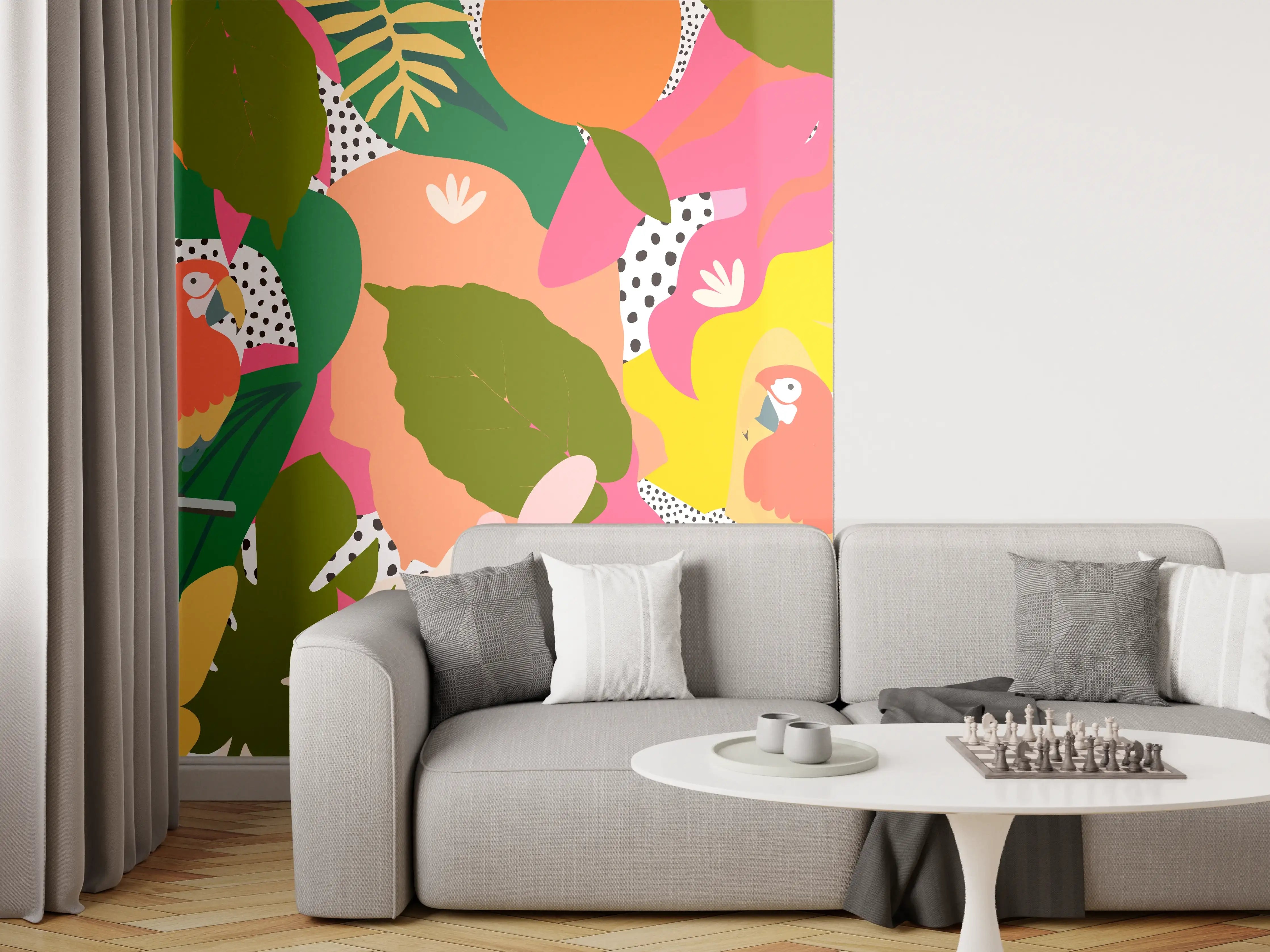 Wandverkleidung Wohnzimmer - Buntes Papagei-Dschungelmuster
