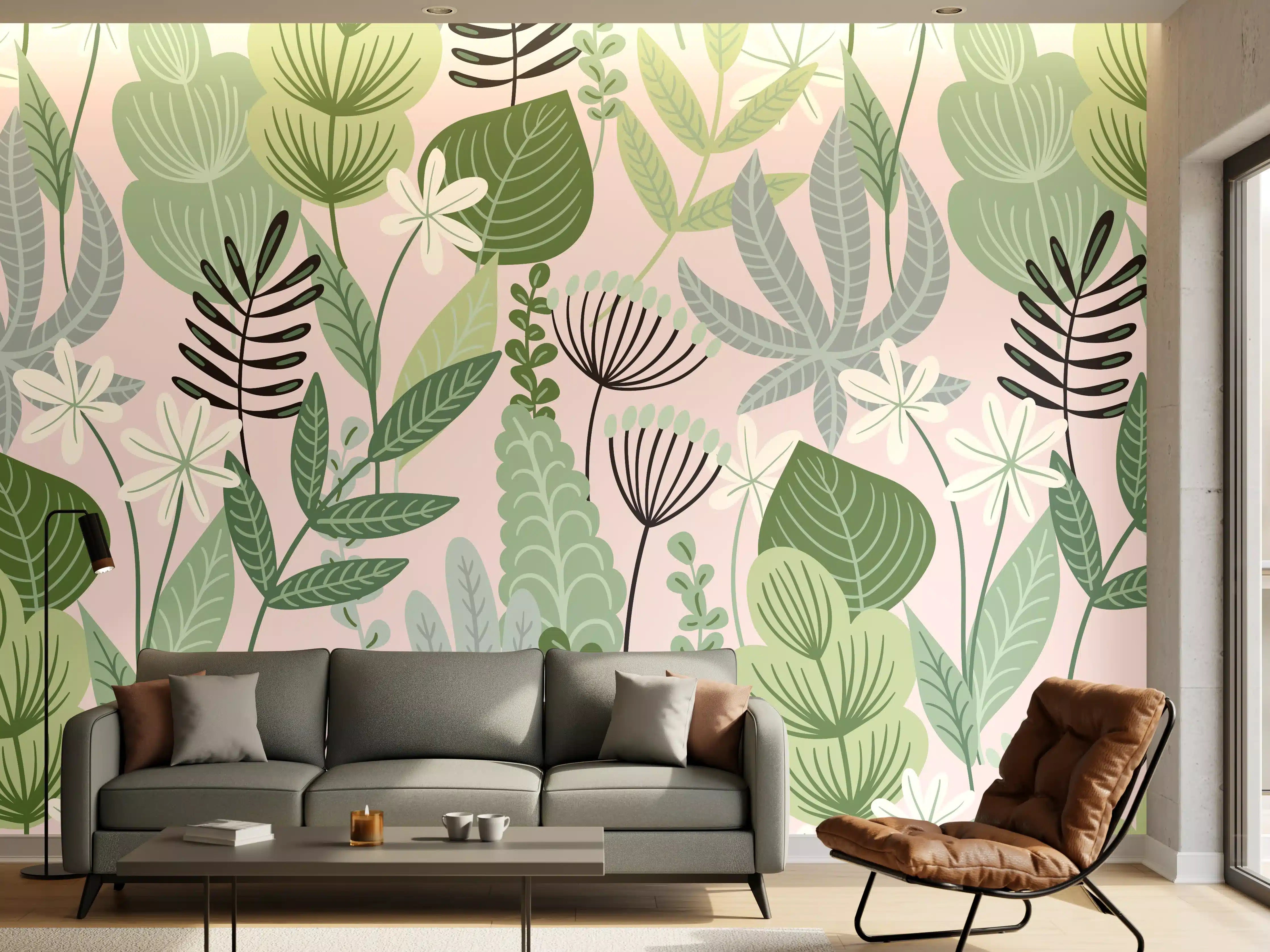 Wandverkleidung Wohnzimmer - Buntes Pflanzenmuster