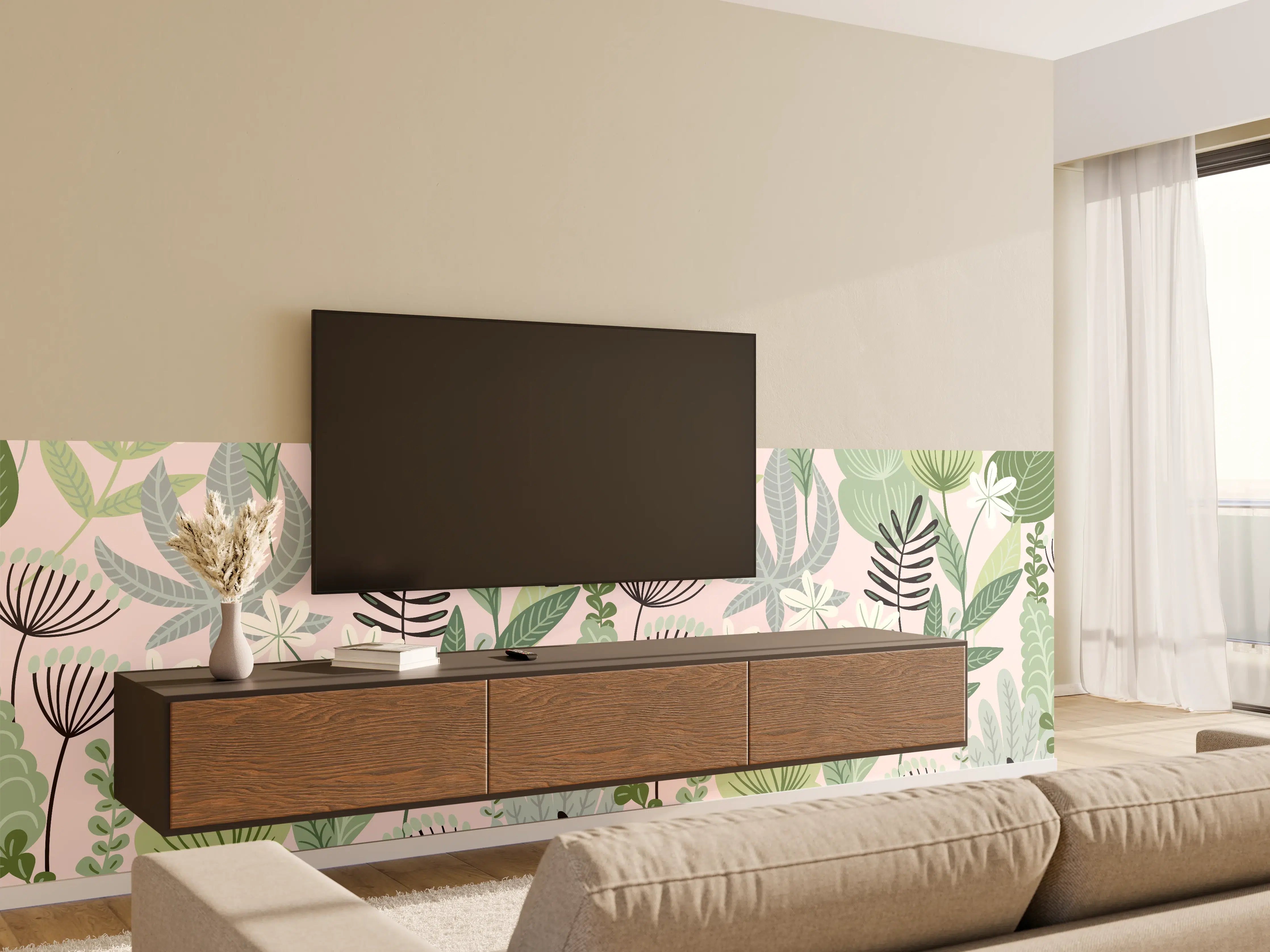 Wandverkleidung Wohnzimmer - Buntes Pflanzenmuster