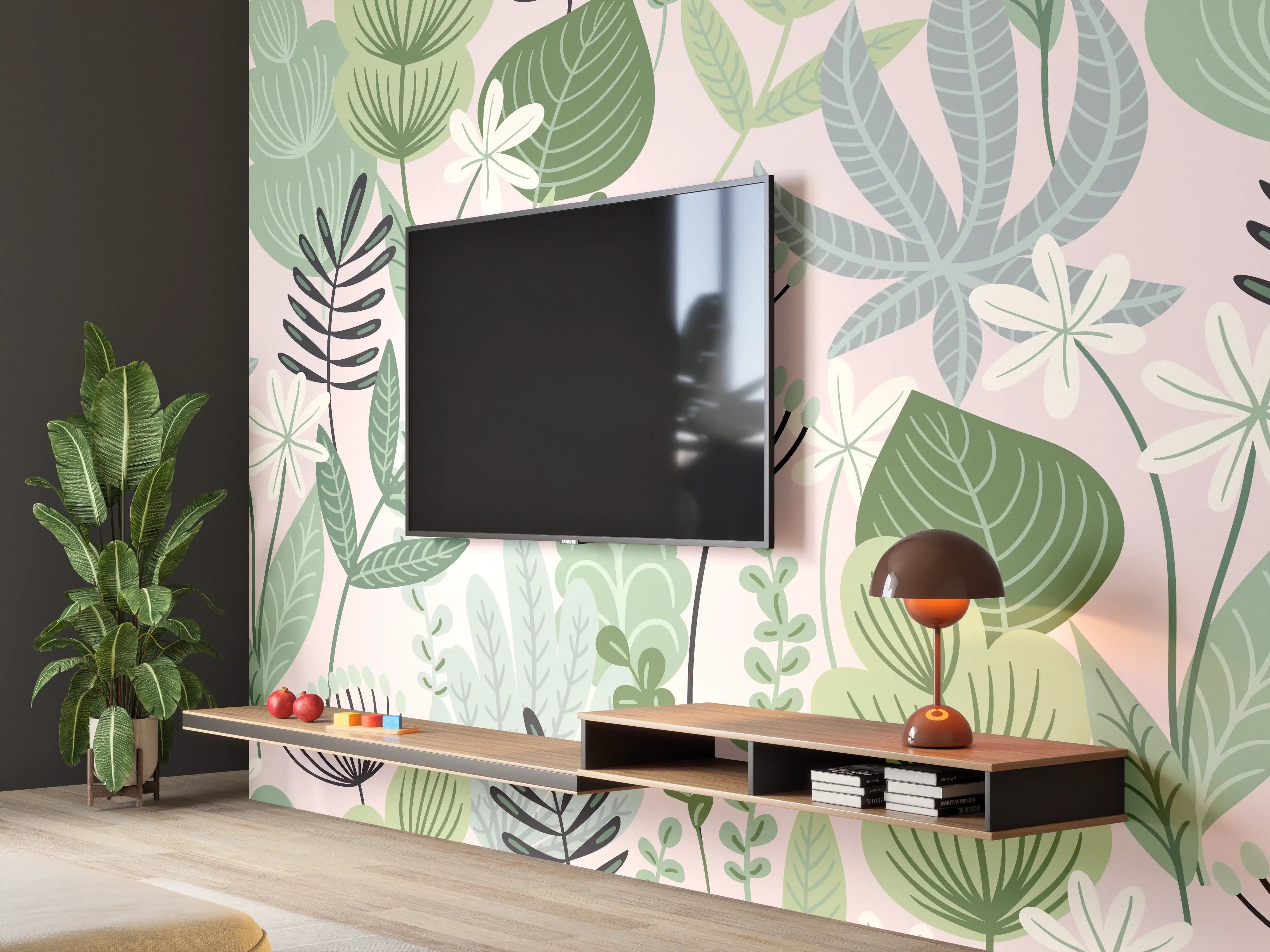 Wandverkleidung Wohnzimmer - Buntes Pflanzenmuster