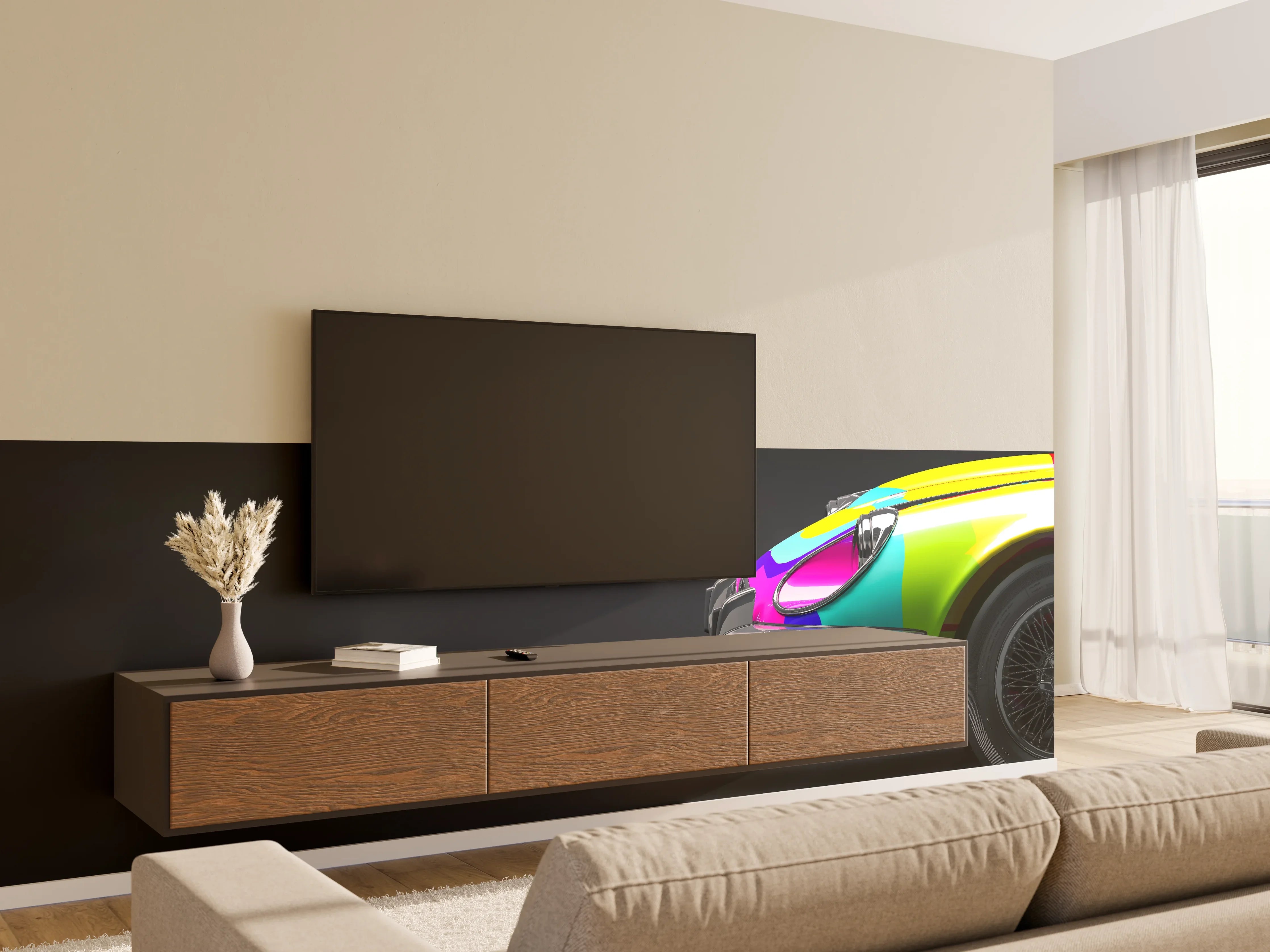 Wandverkleidung Wohnzimmer - Buntes Retro Auto 3D