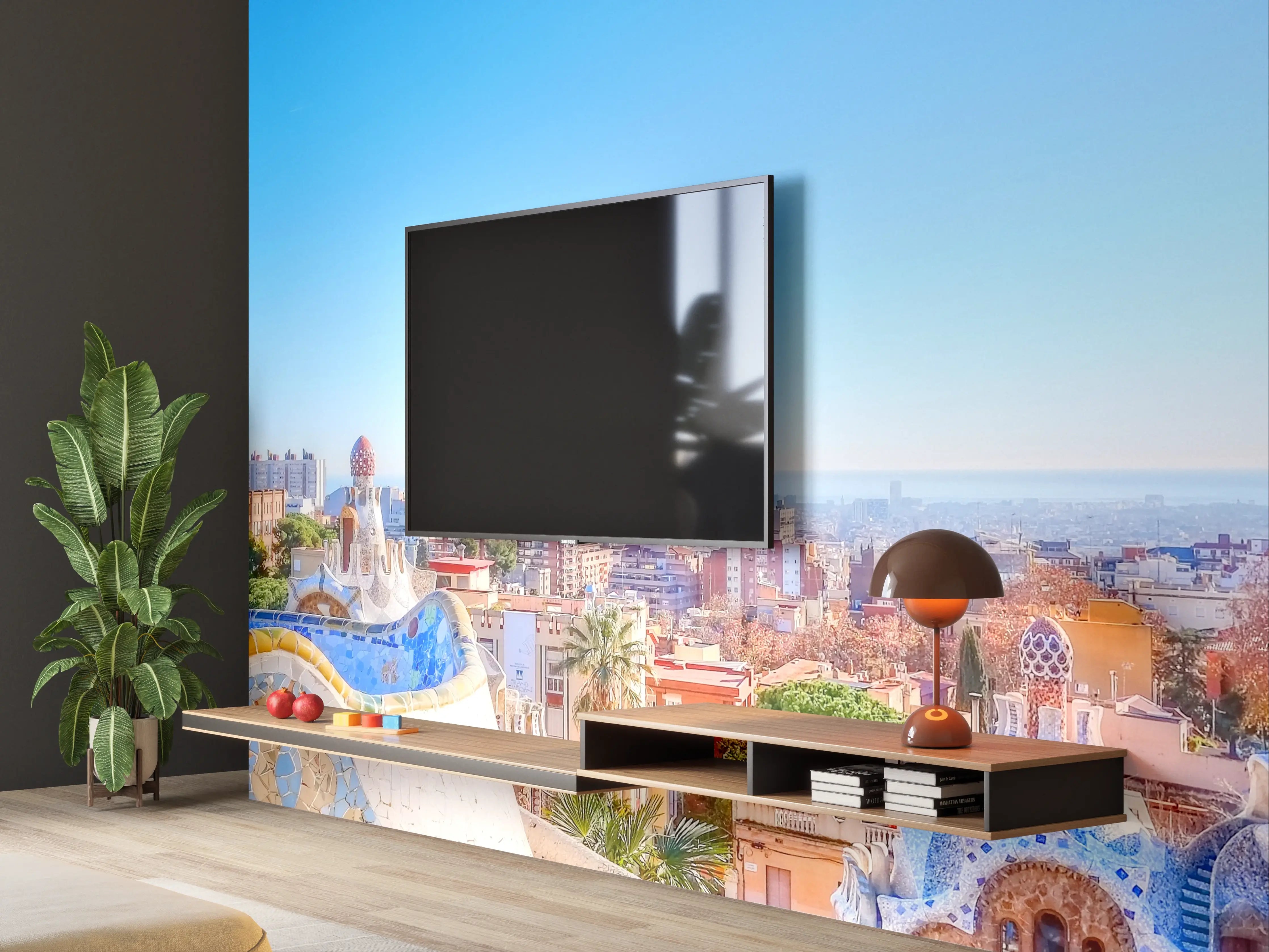 Wandverkleidung Wohnzimmer - Buntes Stadtpanorama mit moderner Architektur