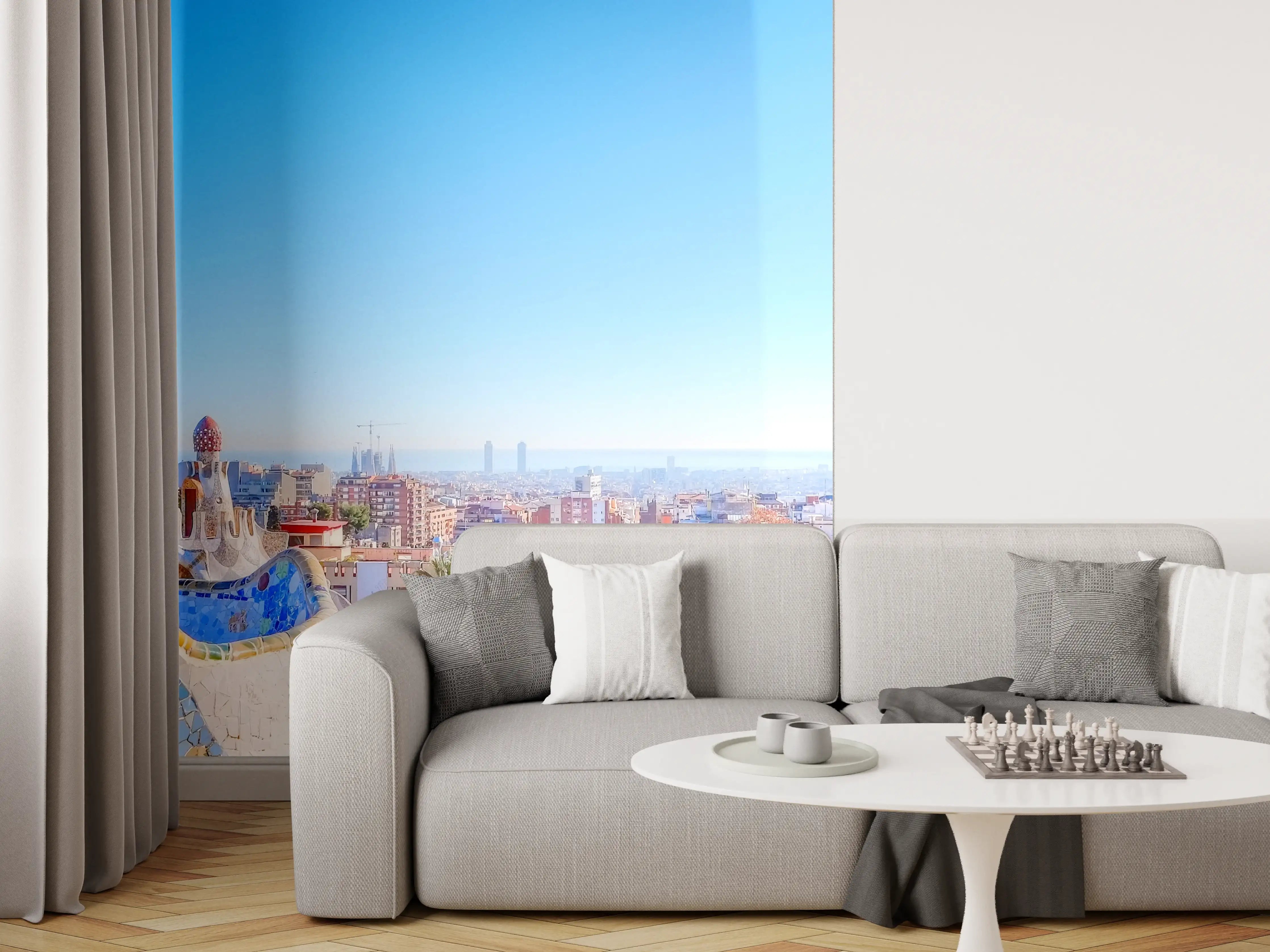 Wandverkleidung Wohnzimmer - Buntes Stadtpanorama mit moderner Architektur