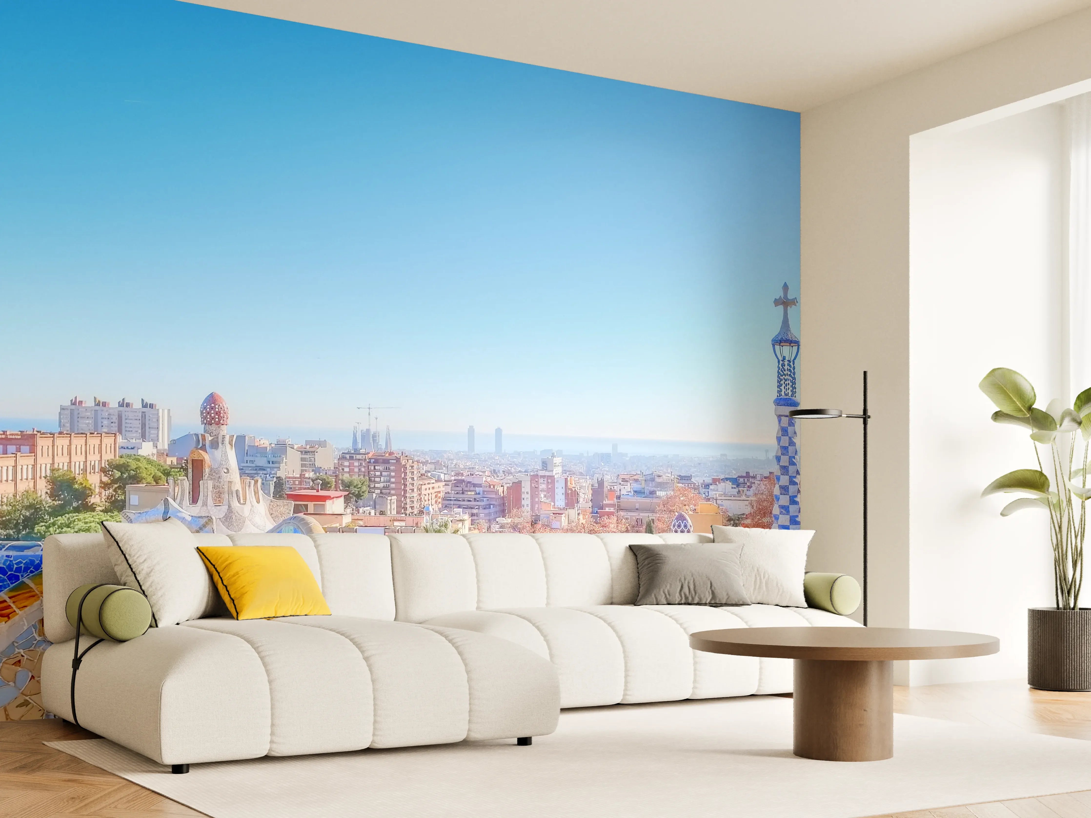 Wandverkleidung Wohnzimmer - Buntes Stadtpanorama mit moderner Architektur